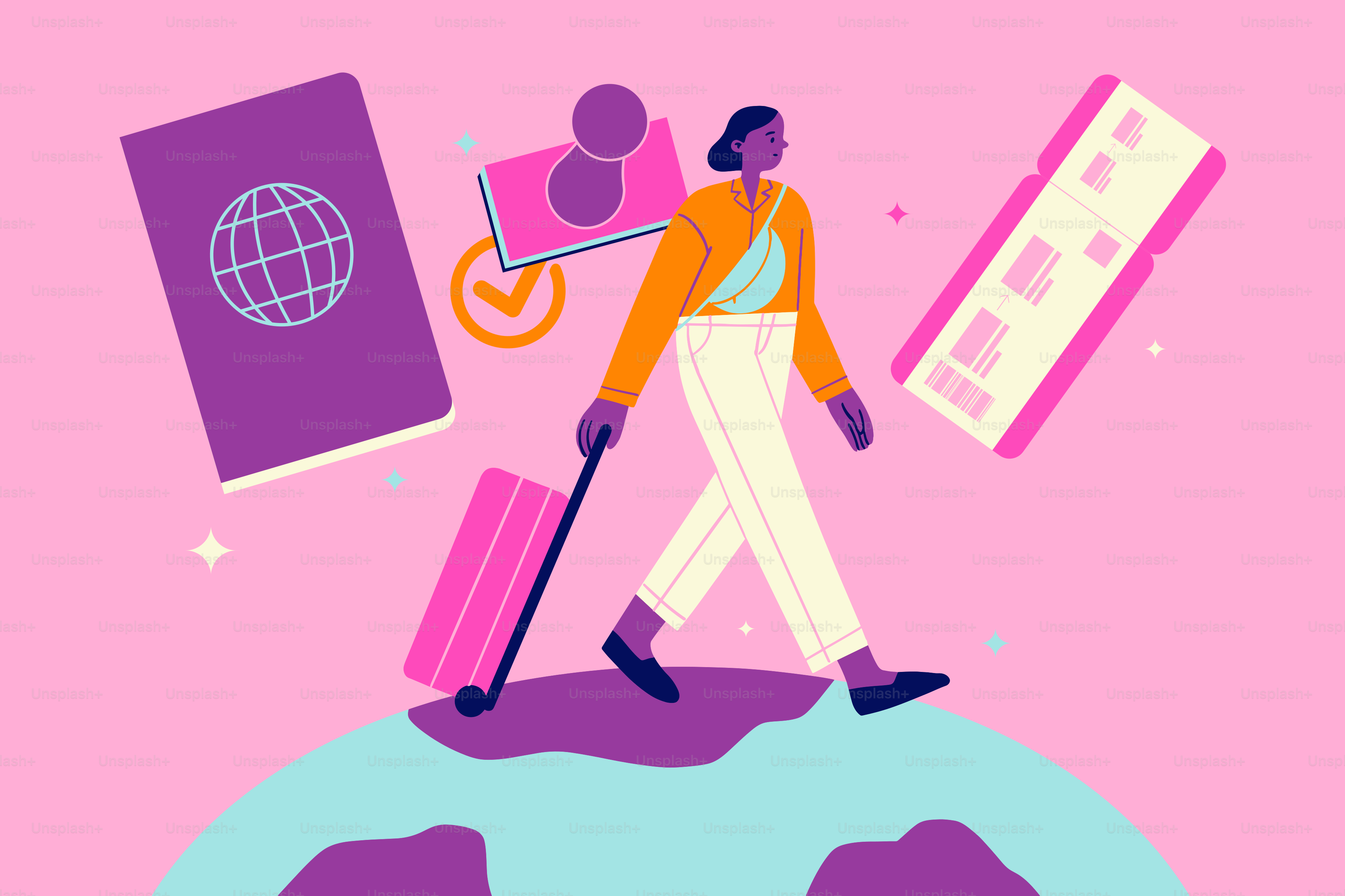 Mulher viajando pelo mundo com passaporte, mala e cartão de embarque.