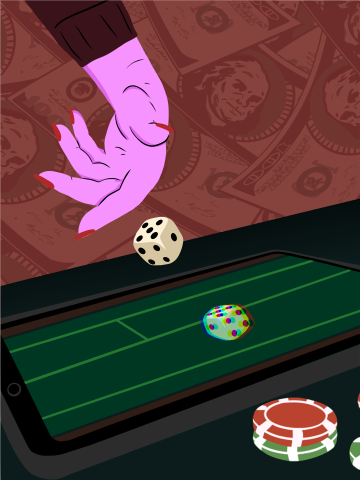 Una mano che lascia cadere i dadi su un tablet con fiches da casinò.