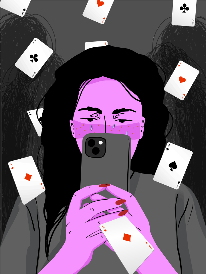 Donna angosciata al telefono circondata da carte che cadevano.