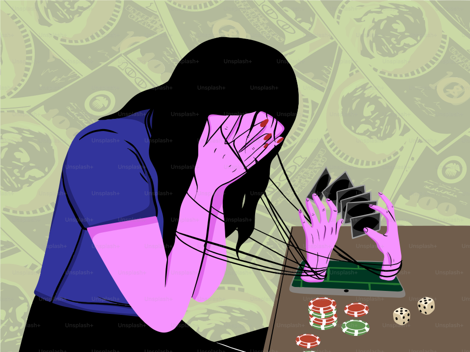 Donna in difficoltà al tavolo da gioco con le mani legate, background economico.