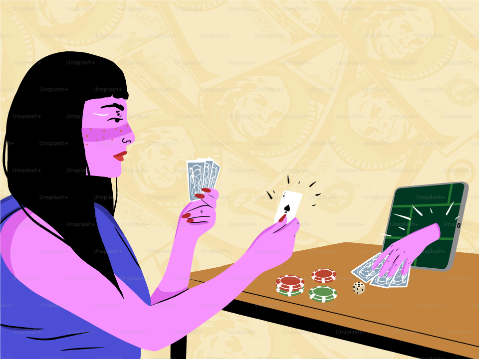 Una donna che gioca a poker online con carte e fiches.