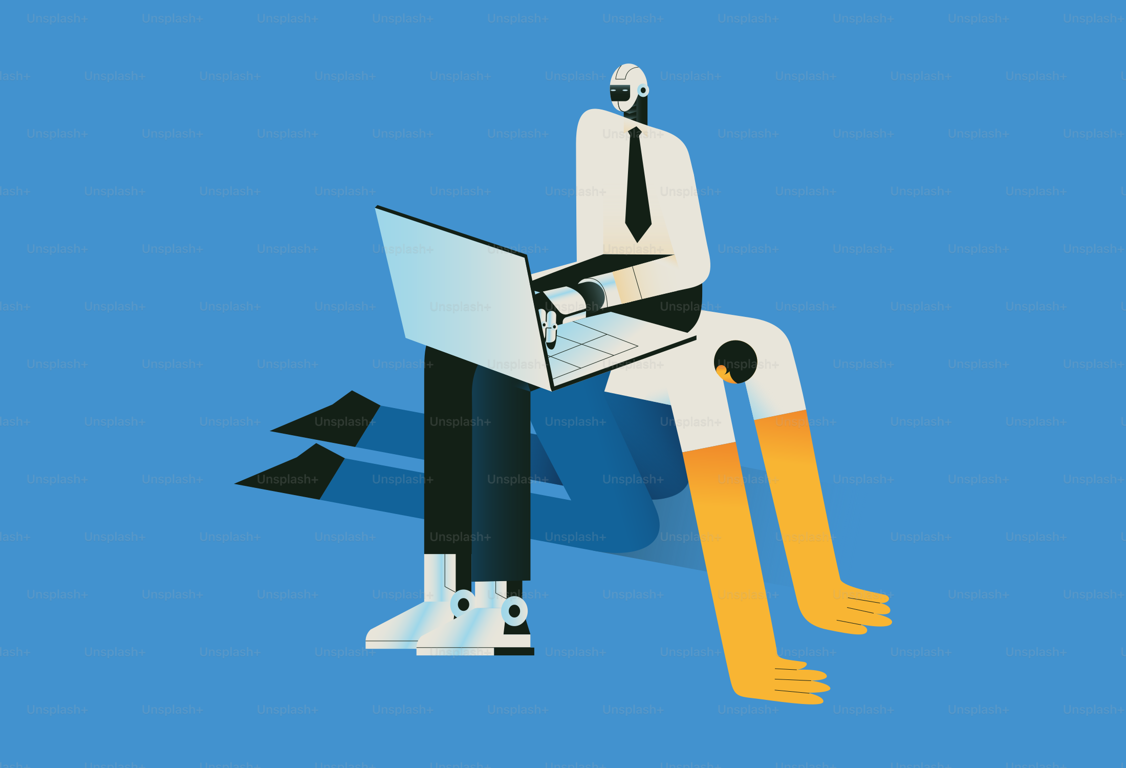 Un robot di intelligenza artificiale lavora su un portatile.