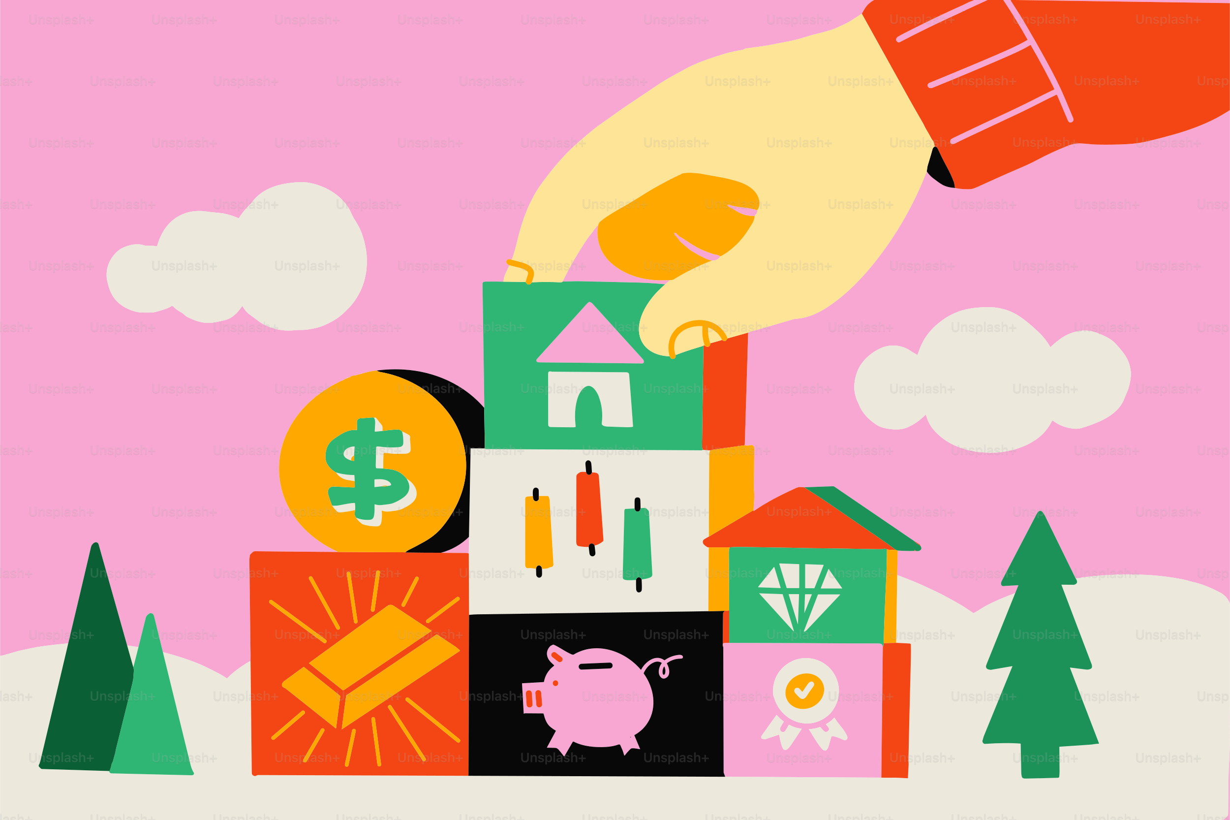 Hand stacking blocks with financial and investment icons.