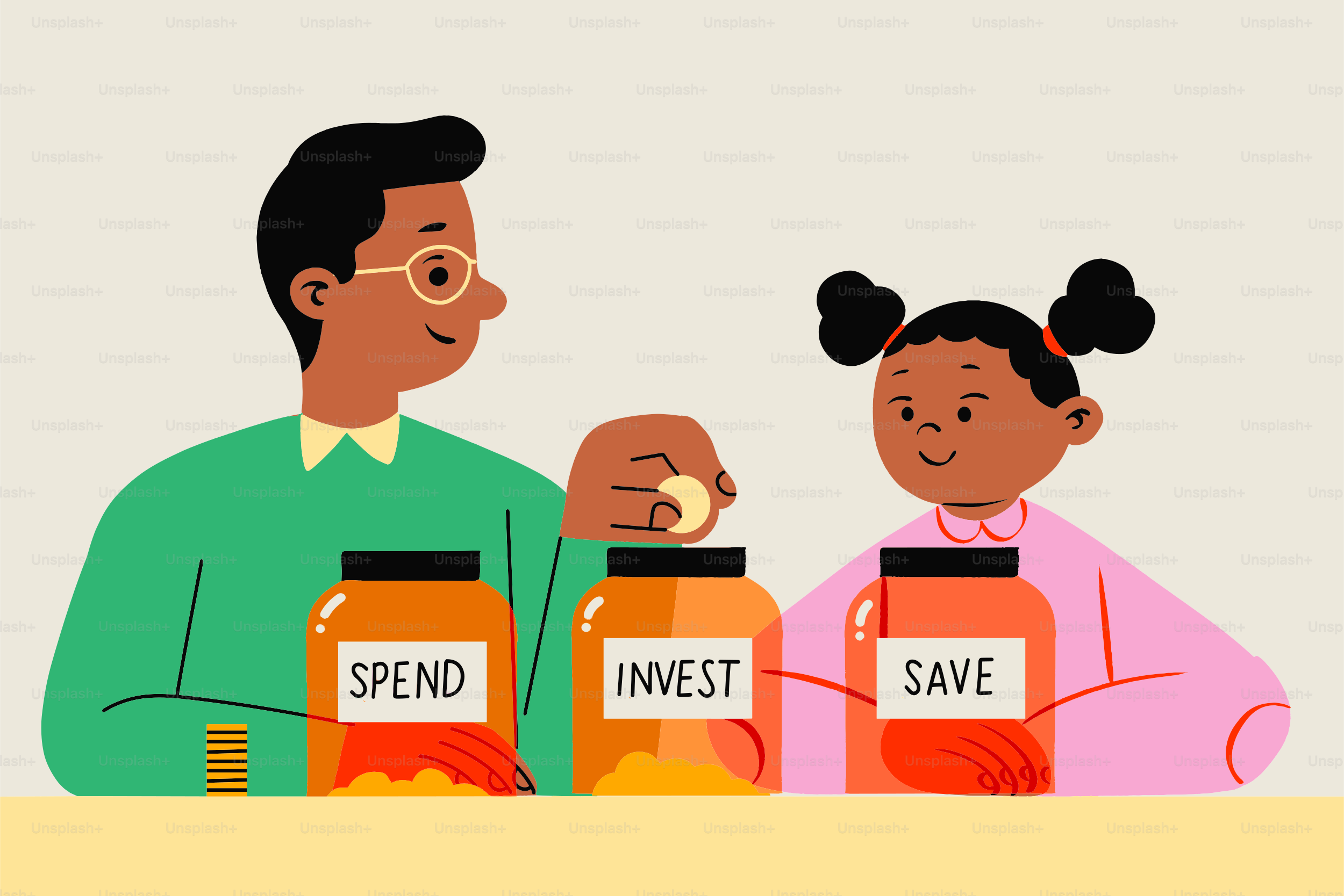 Man and child saving, investing, and spending money in jars.