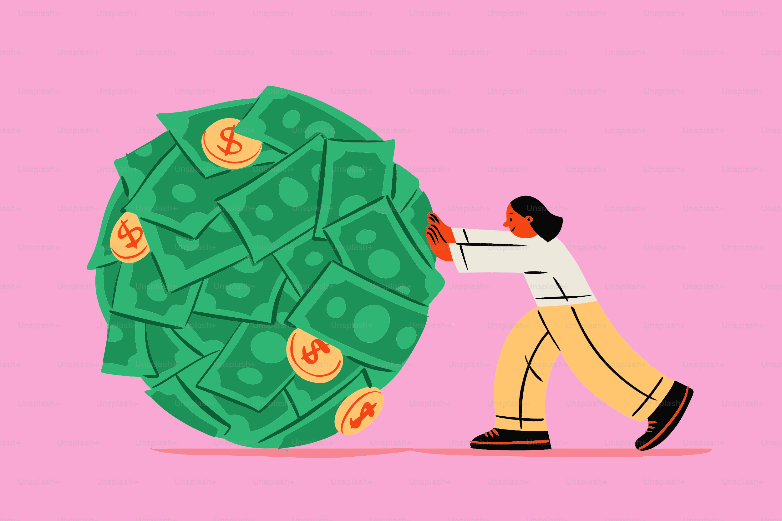 Person pushing a giant money ball against a pink background.