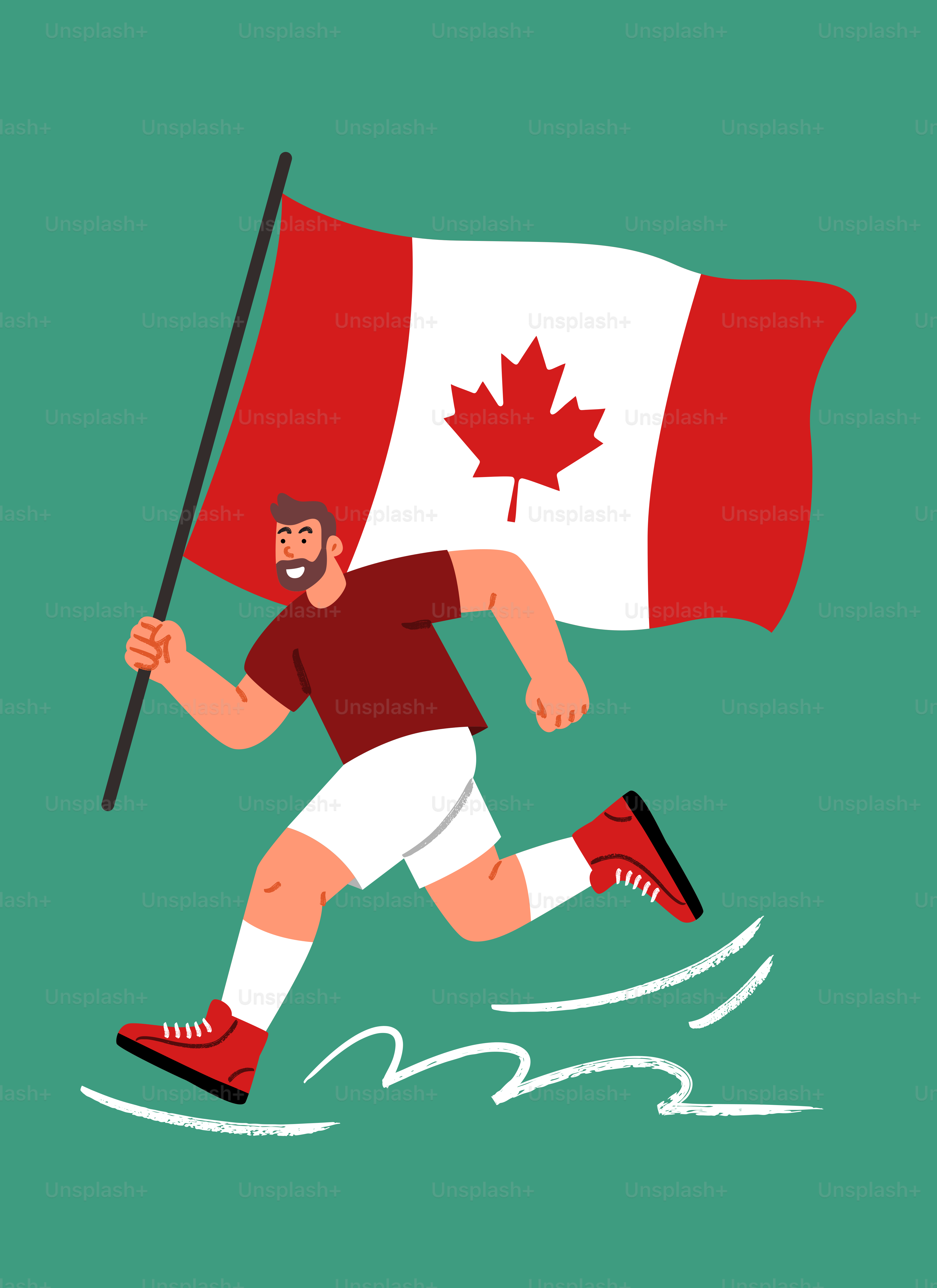 Un homme court joyeusement en tenant un grand drapeau canadien.