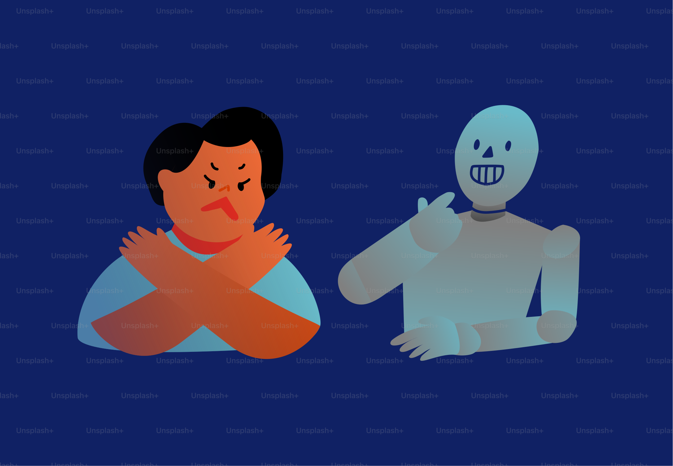 怒った人が笑顔のロボットの親指立てを拒否する。