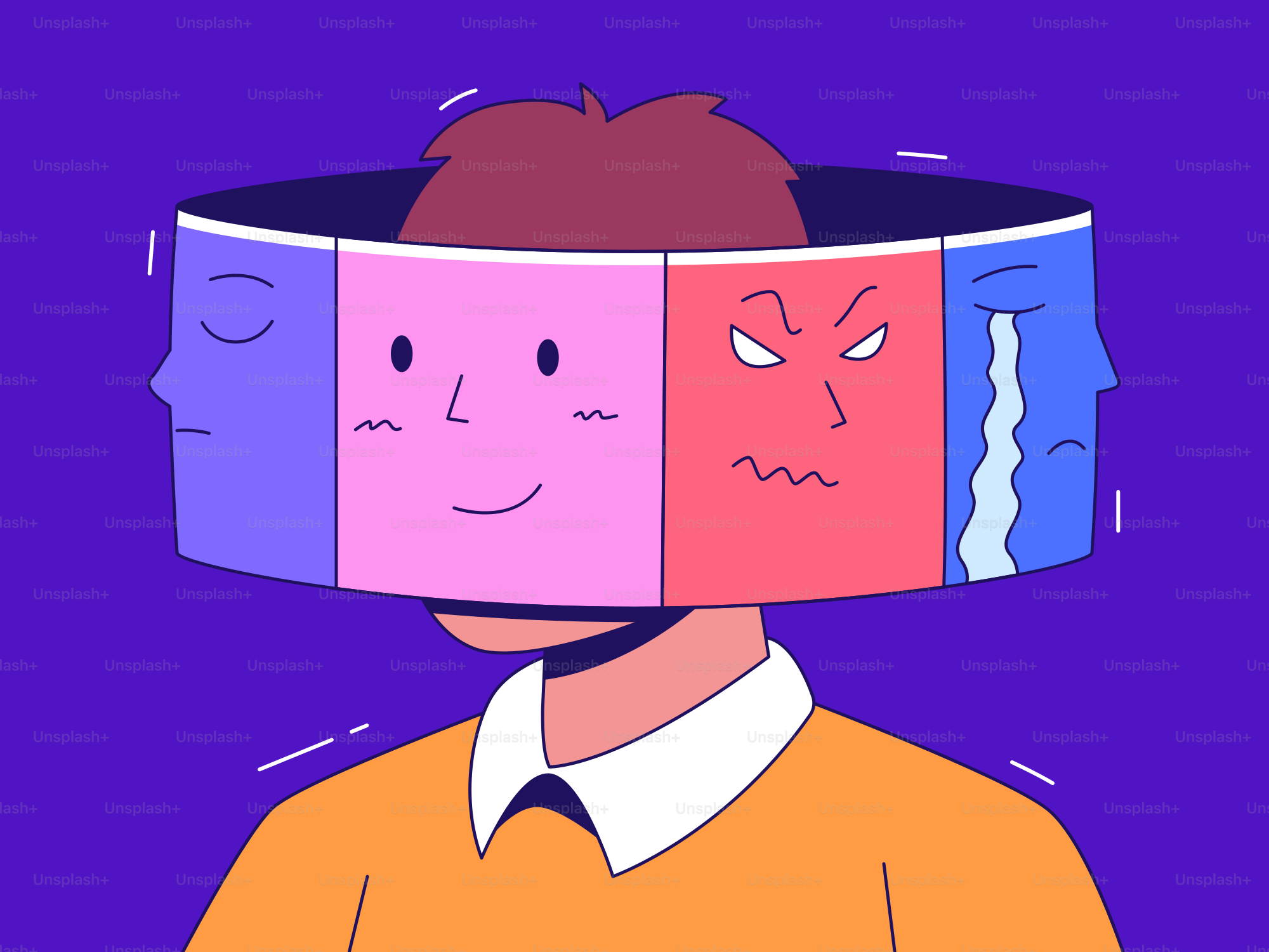 보라색 배경에 여러 감정을 드러내는 인간 머리.