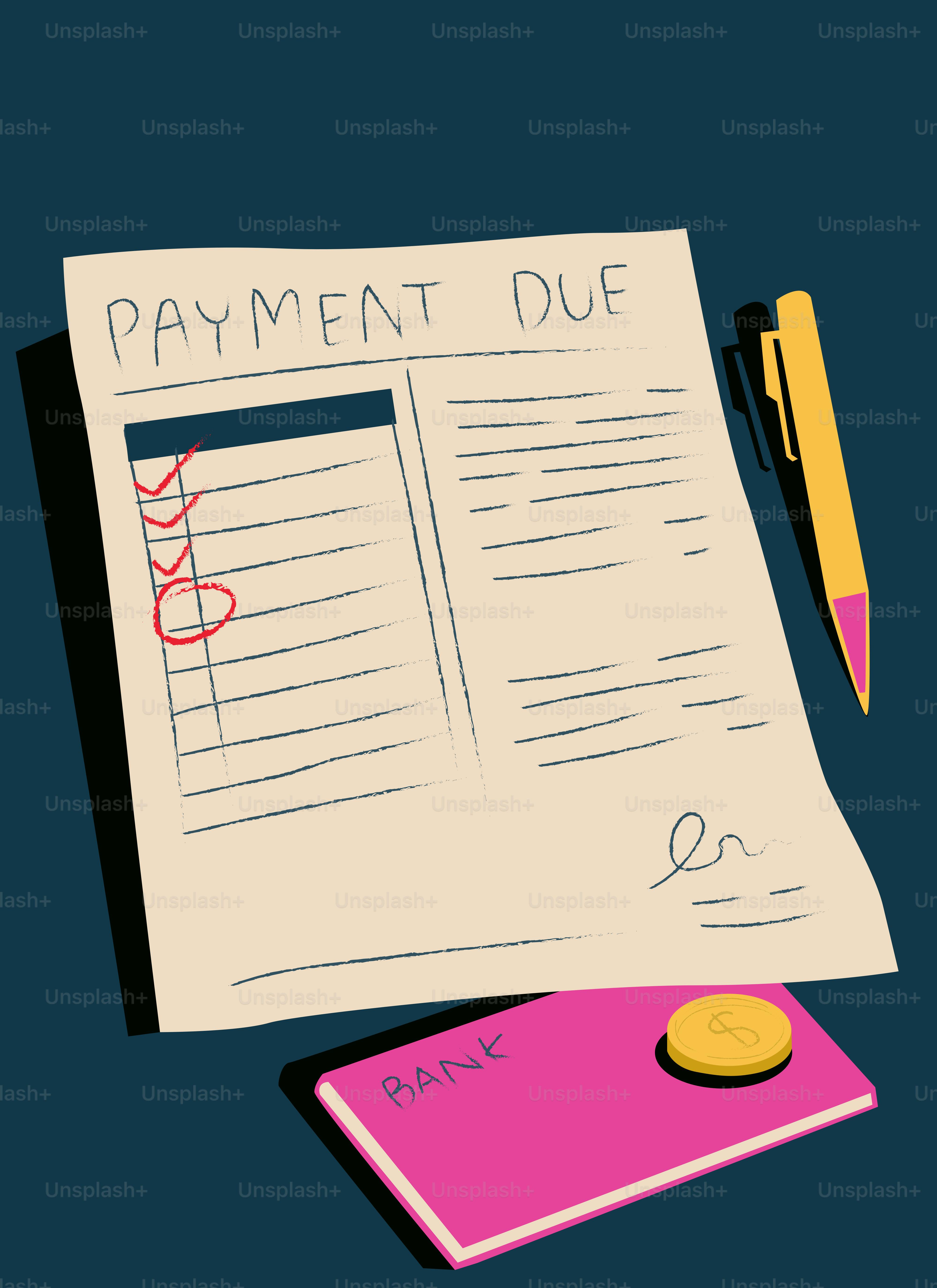 Avviso di pagamento con caselle da spuntare, penna, libretto bancario e monete.