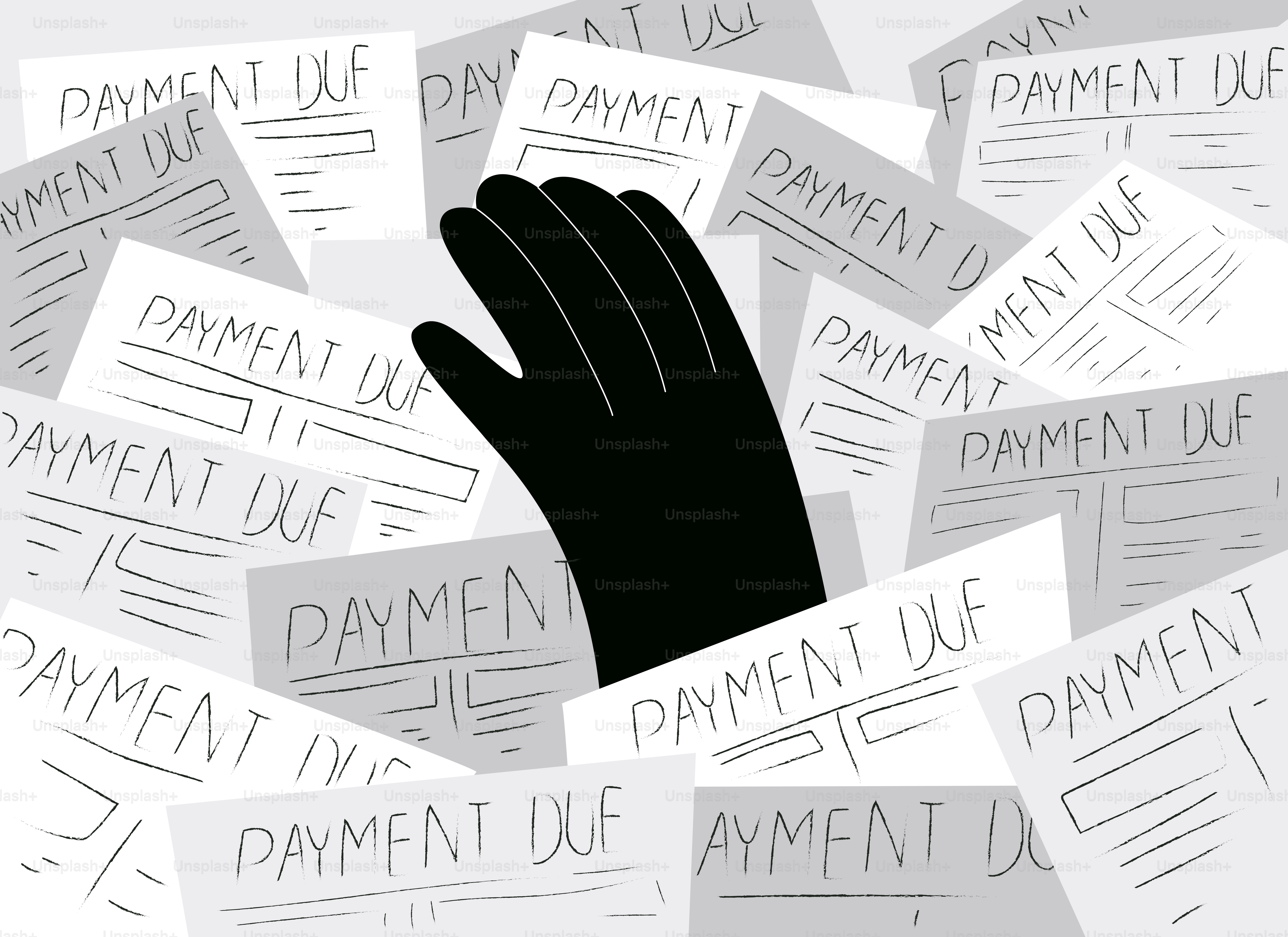 Mano che fatica tra molti pagamenti dovuti.