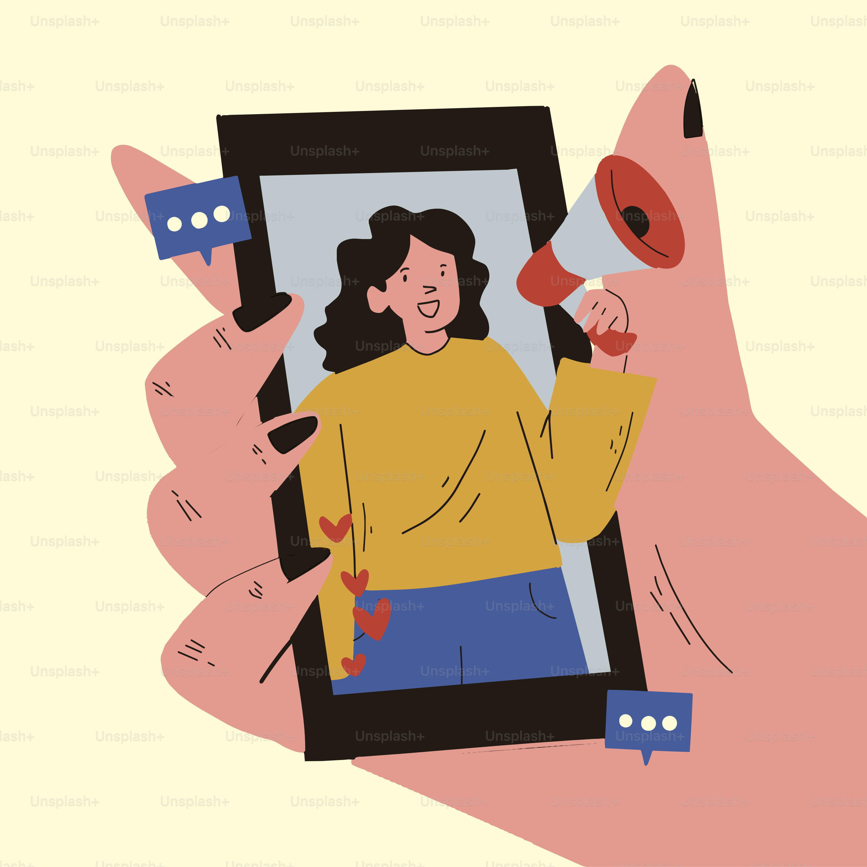 Mano sujetando el smartphone con la mujer sujetando un megáfono en pantalla.