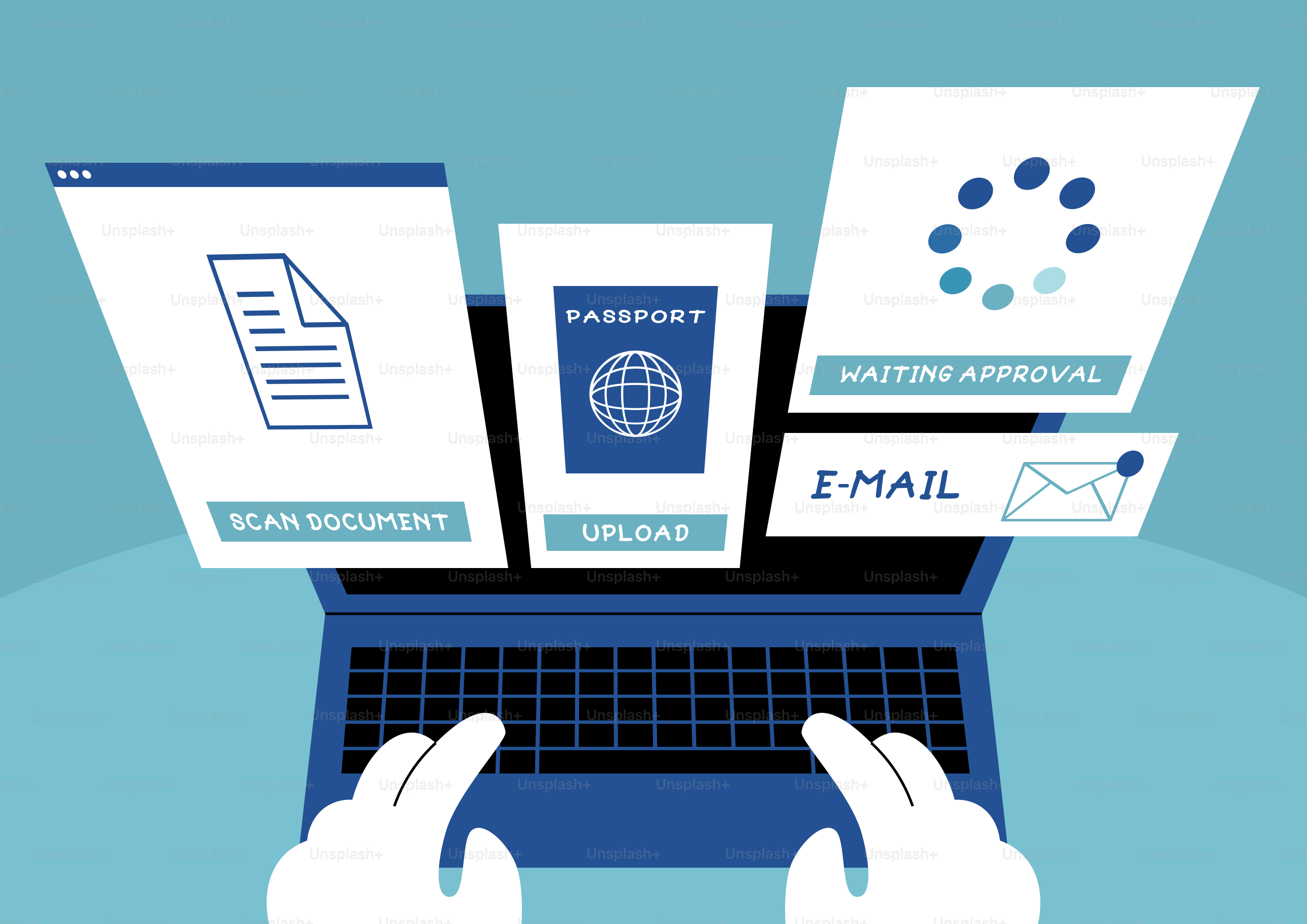 Scansione online, caricamento e approvazione dei documenti tramite laptop.