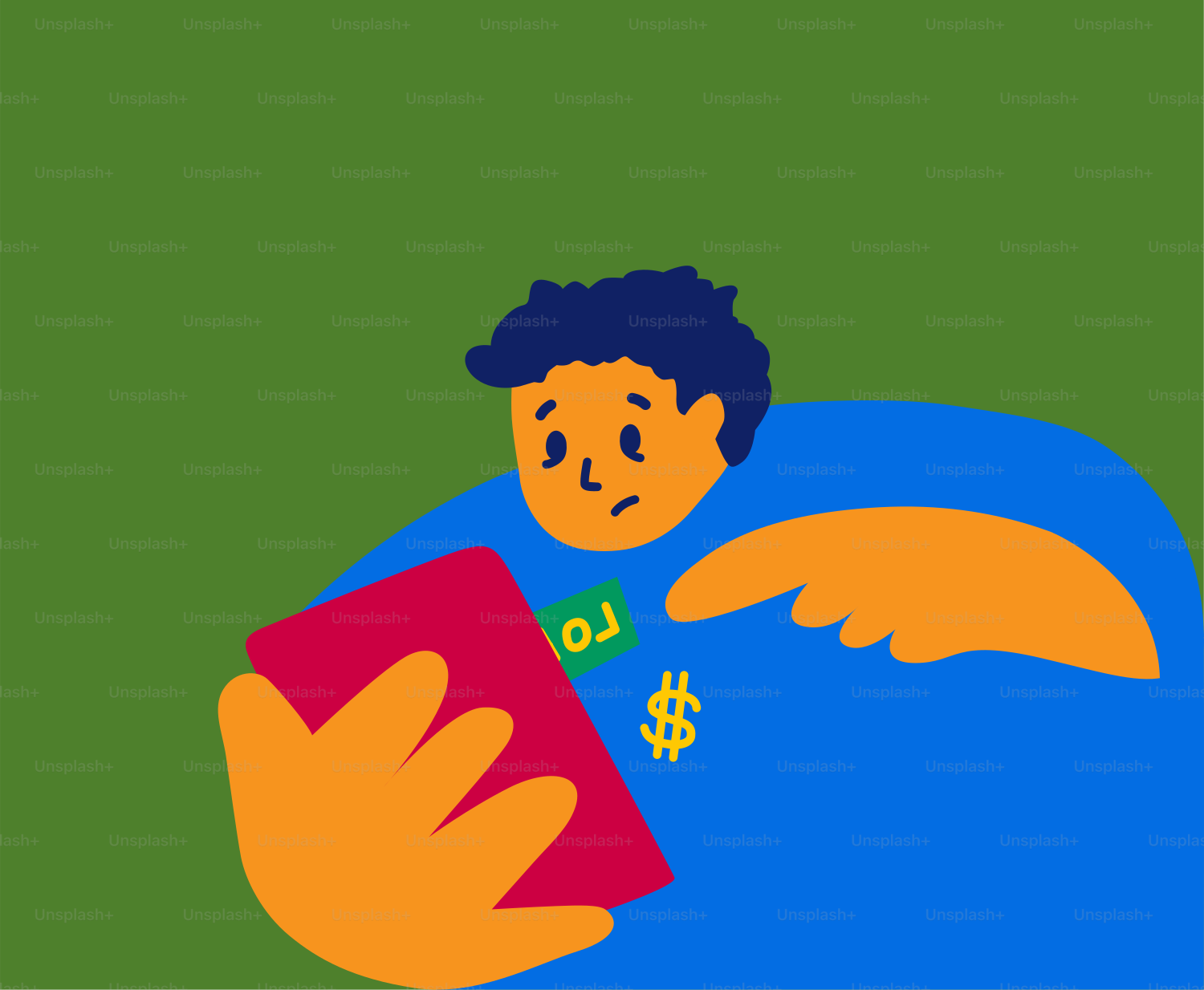 Orang bergaya melihat telepon dengan tanda dolar di kemeja.