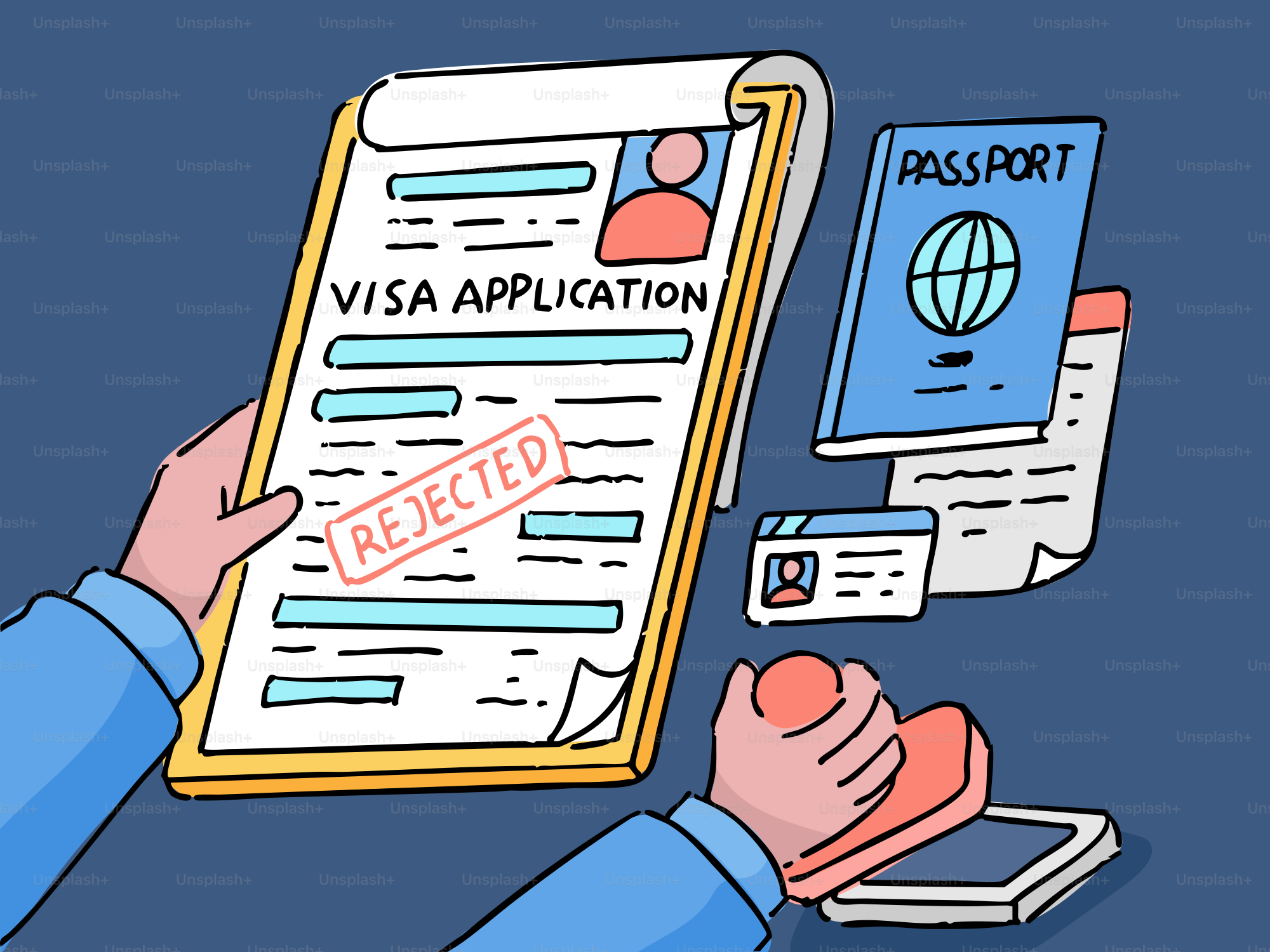 Rejected visa application form with a passport and stamp.