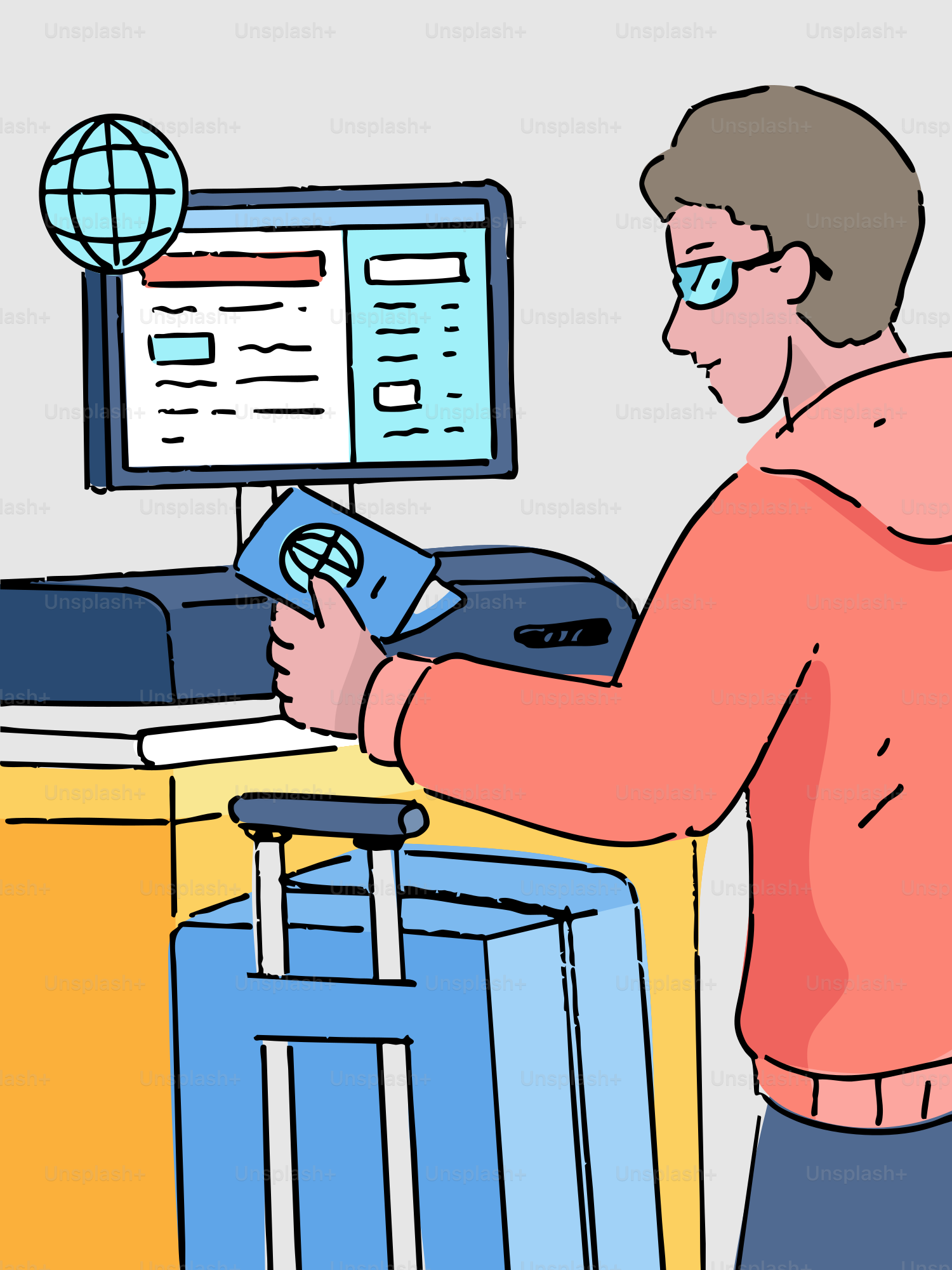 Man holding passport at airport check-in with suitcase.