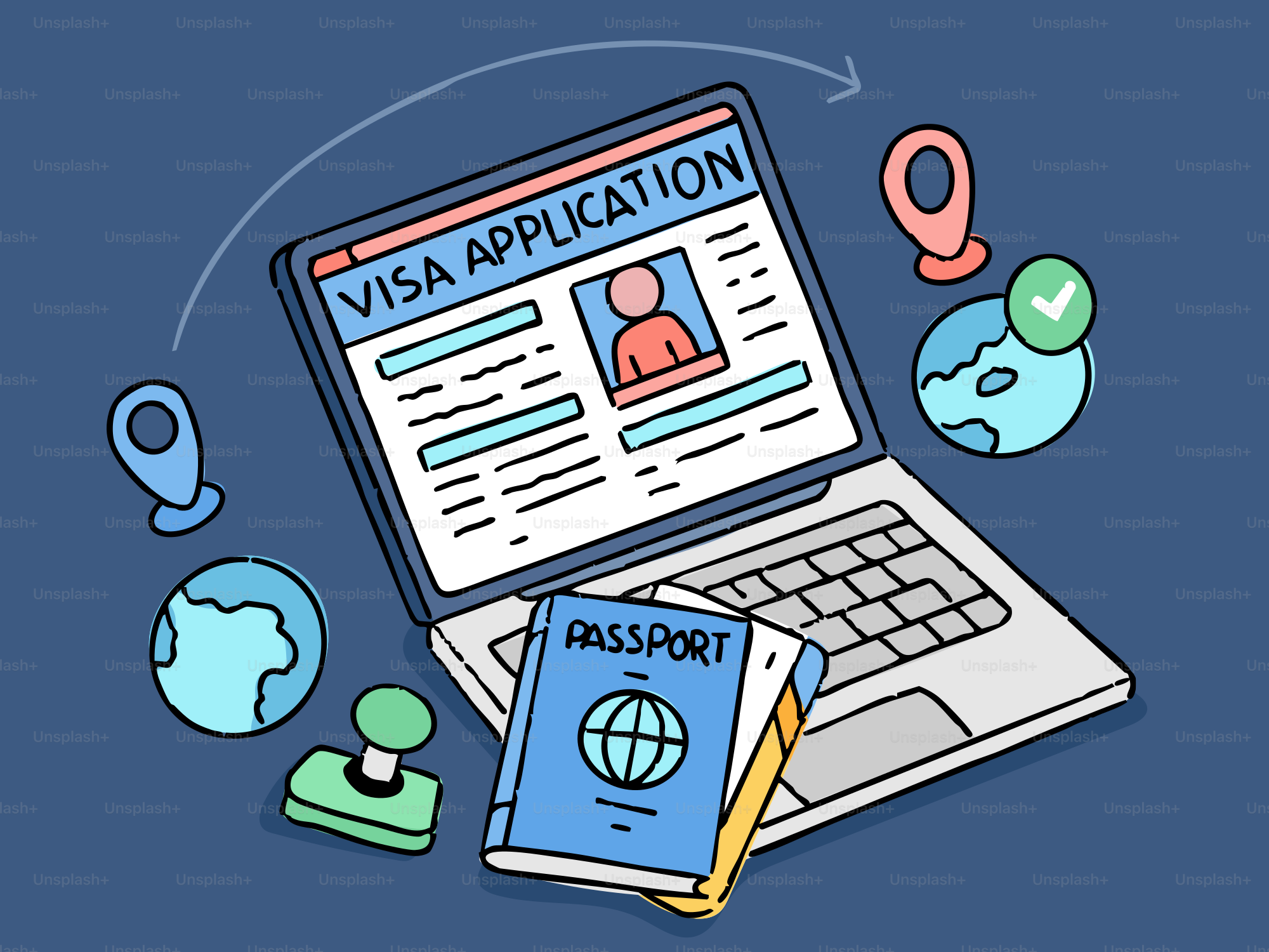 Laptop displaying visa application form with passports and globes.