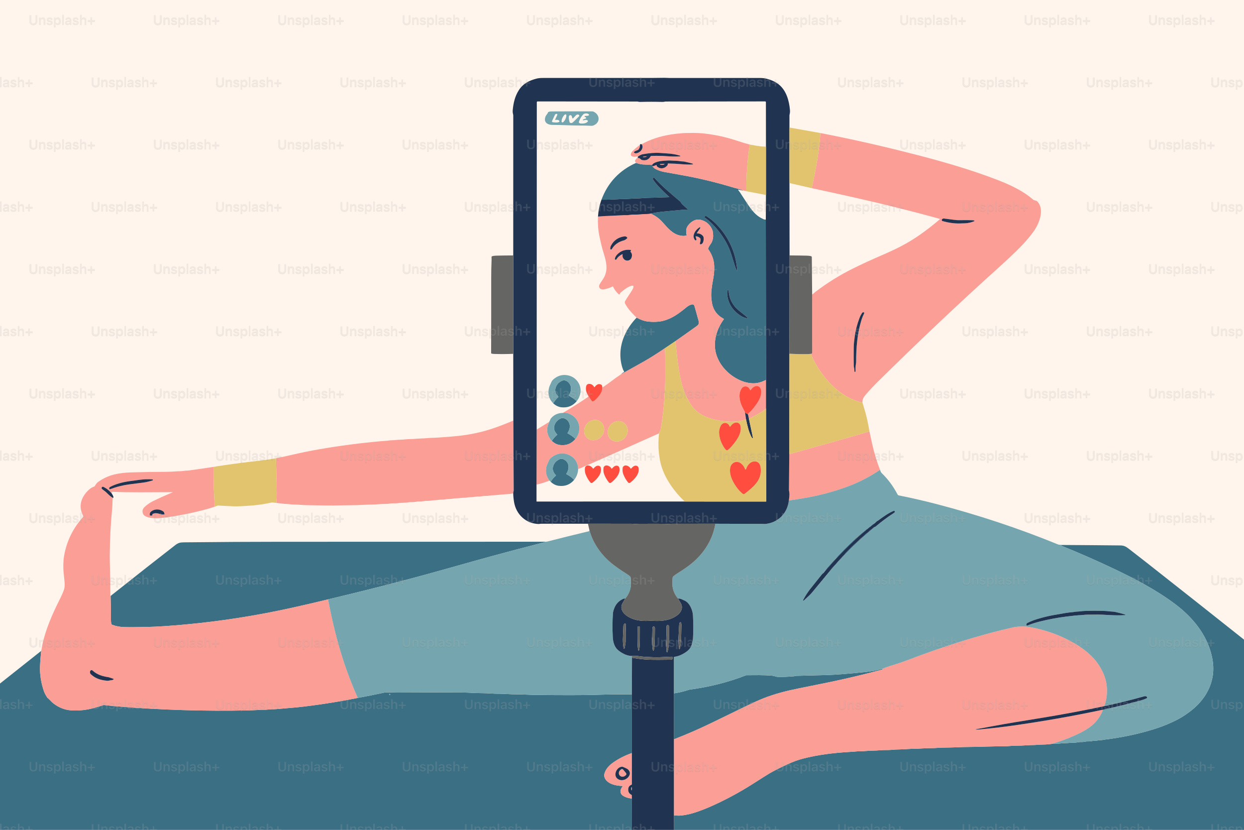 Mulher transmitindo ao vivo seu treino de yoga com um smartphone.