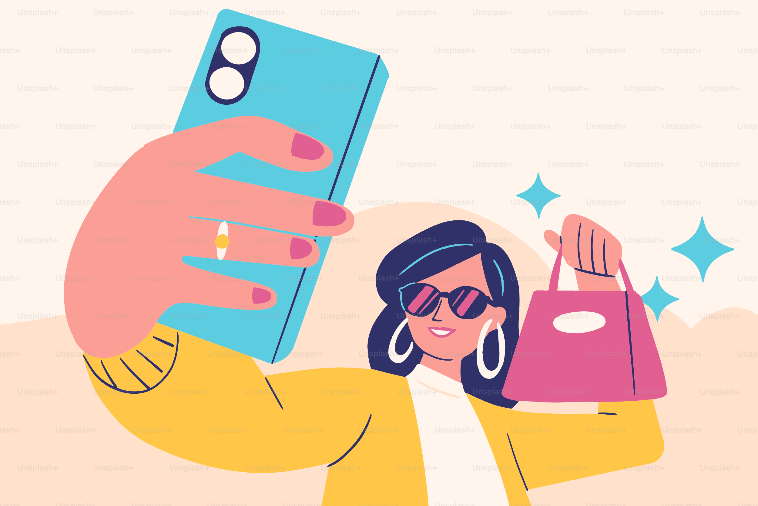 Uma mulher tira uma selfie, segurando o celular e uma bolsa rosa.