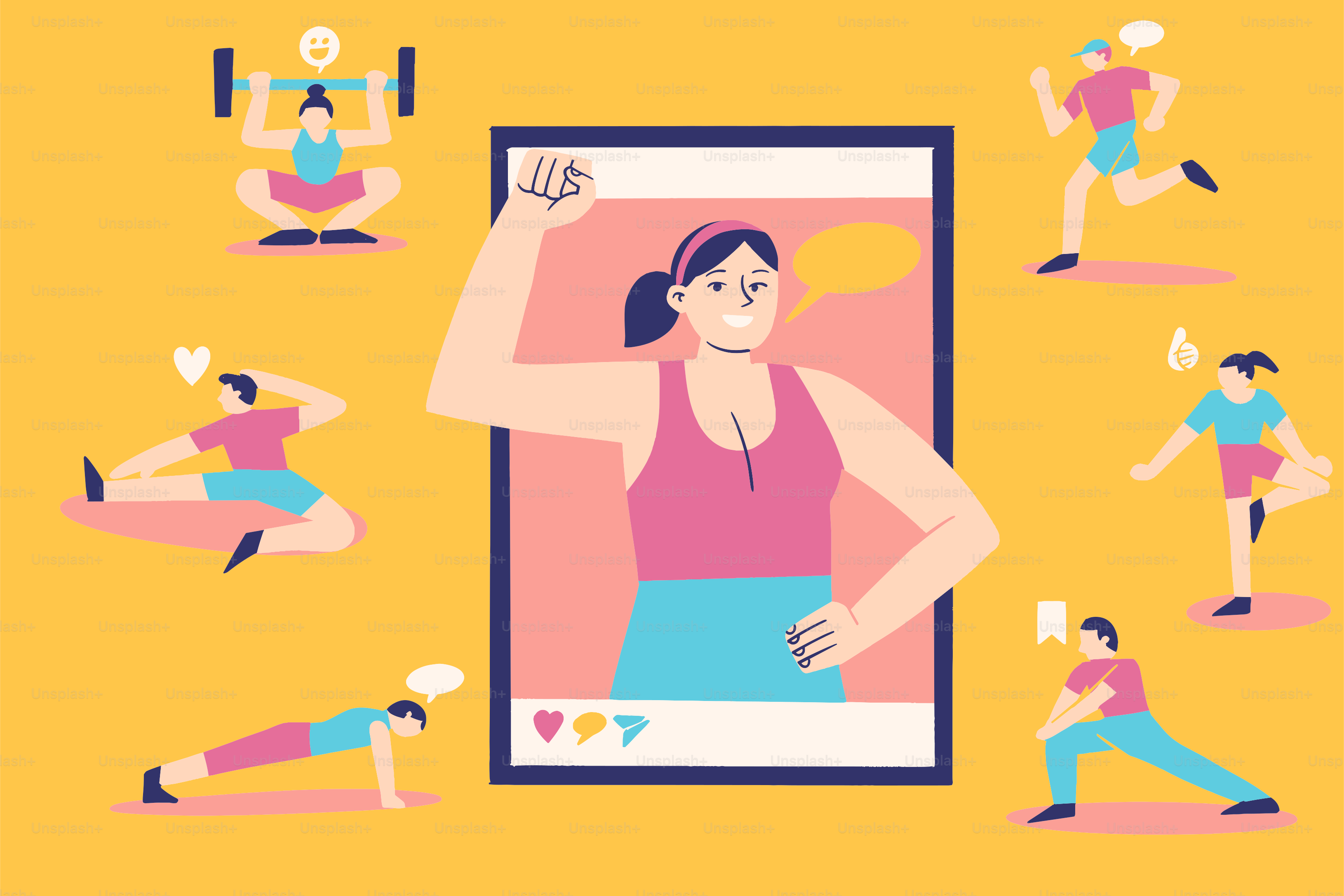 Um instrutor de fitness na tela cercado de pessoas se exercitando.