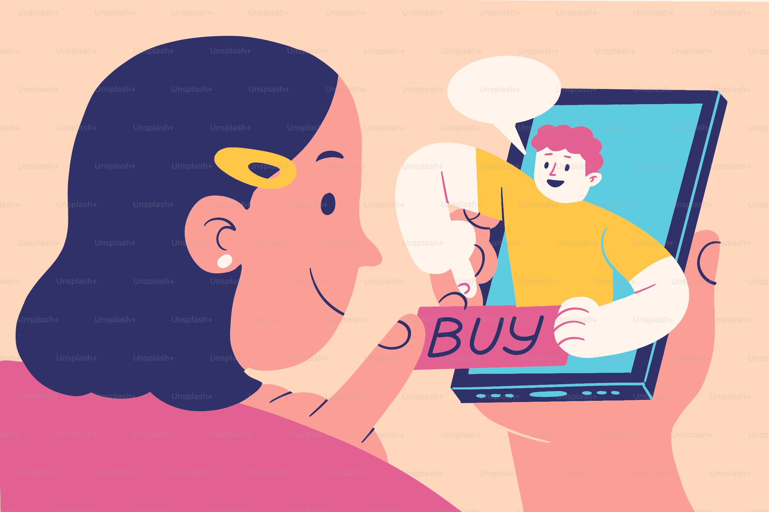 Mulher usa celular para compras online, homem aperta "comprar".