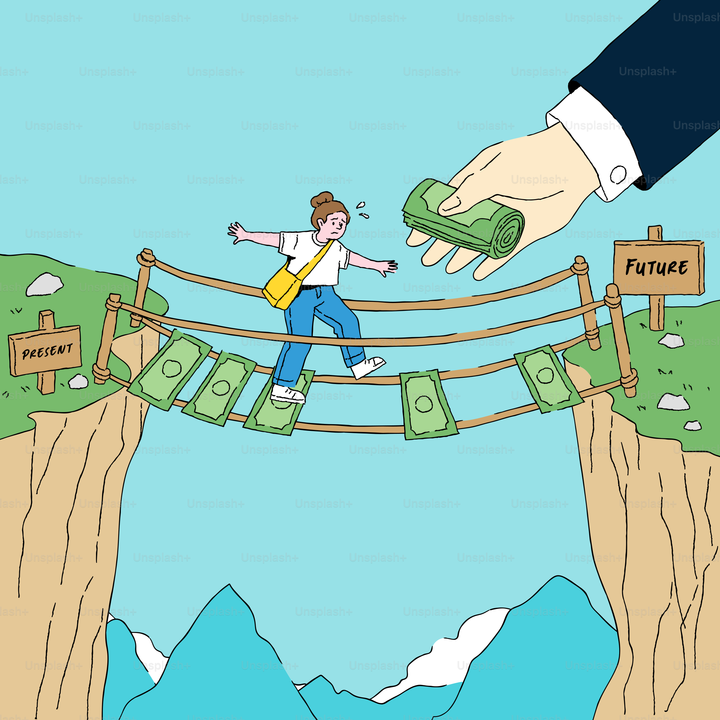 手は未来へと渡るお金の橋を渡る人にお金を差し出します。