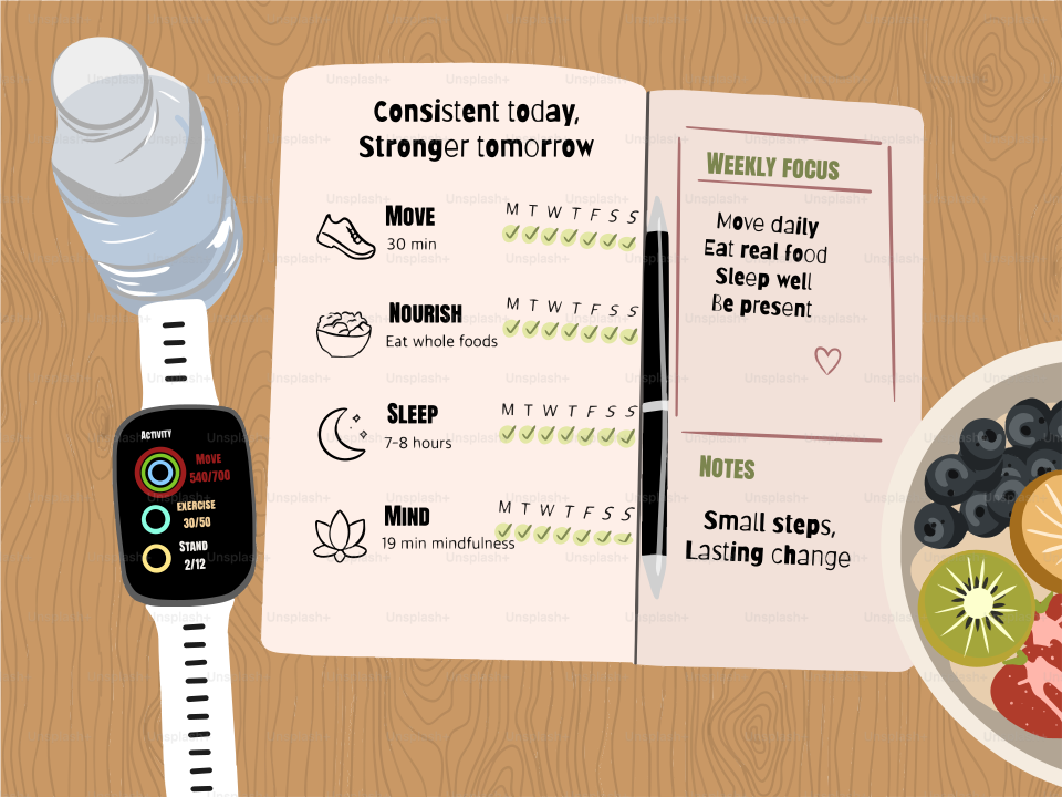 Pianificatore sanitario, smartwatch, acqua e ciotola di frutta su legno.