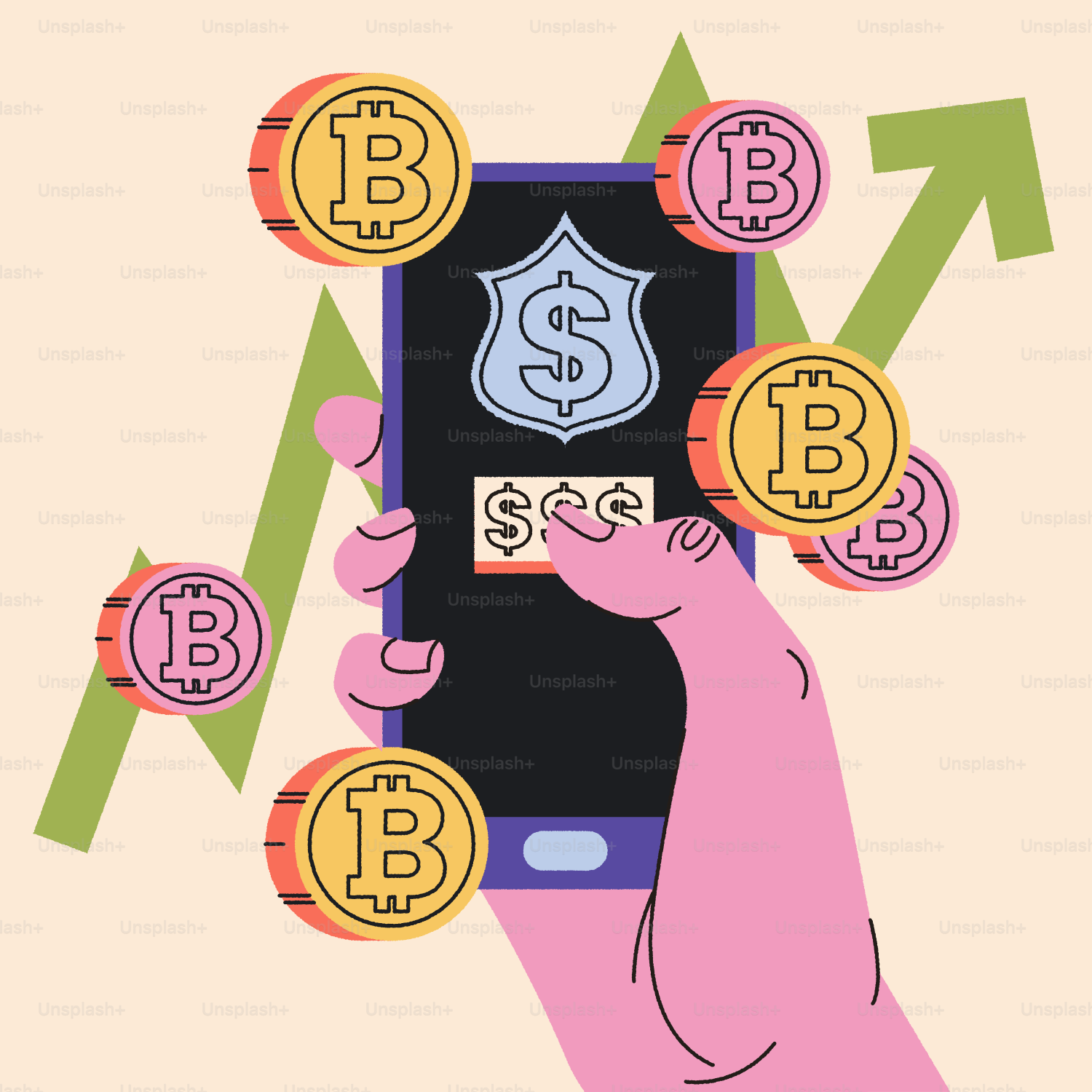 Celular com bitcoin e símbolos de segurança, mostrando crescimento.