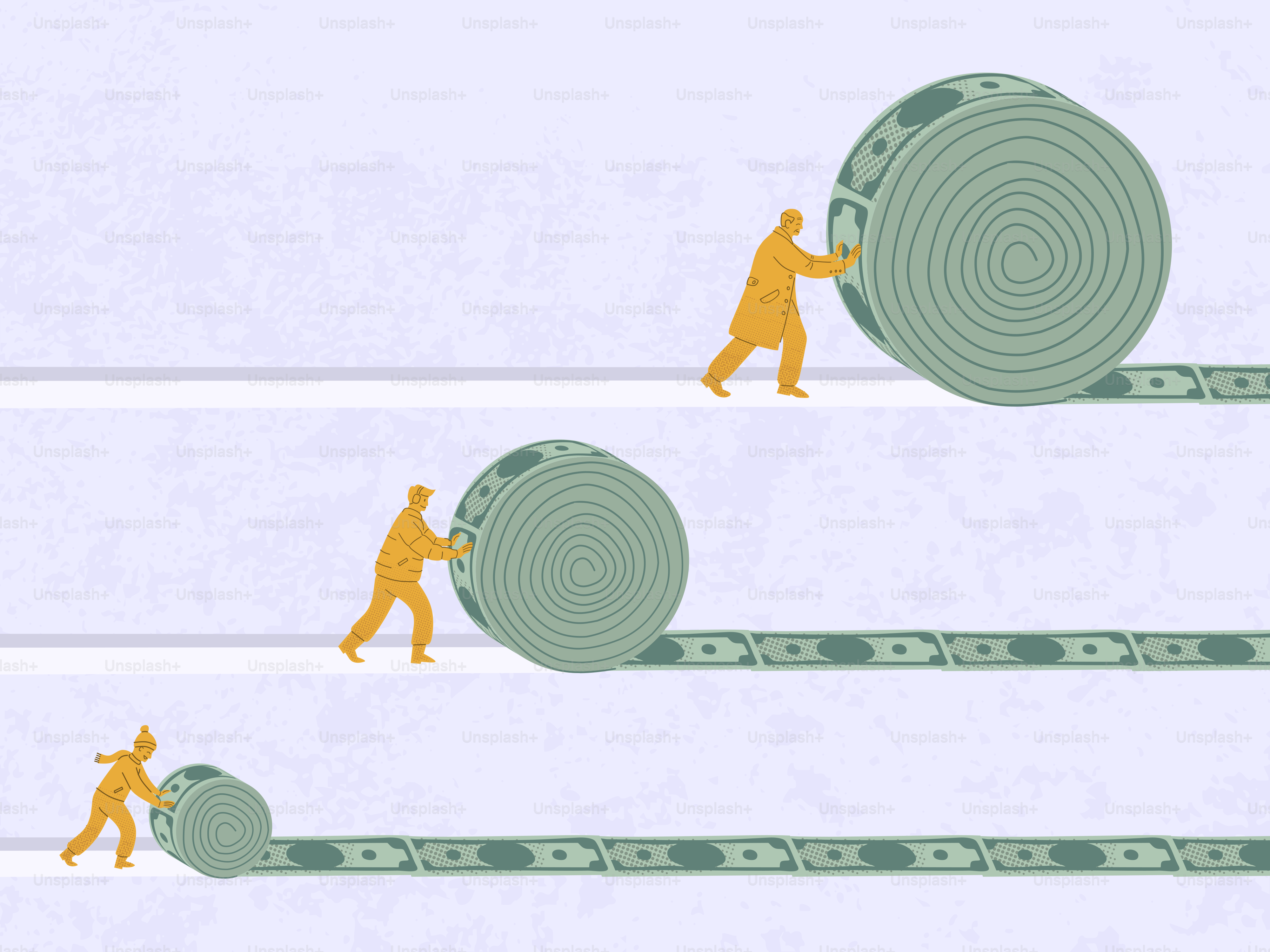 Individuos empujando cada vez más rollos de billetes de dólar.