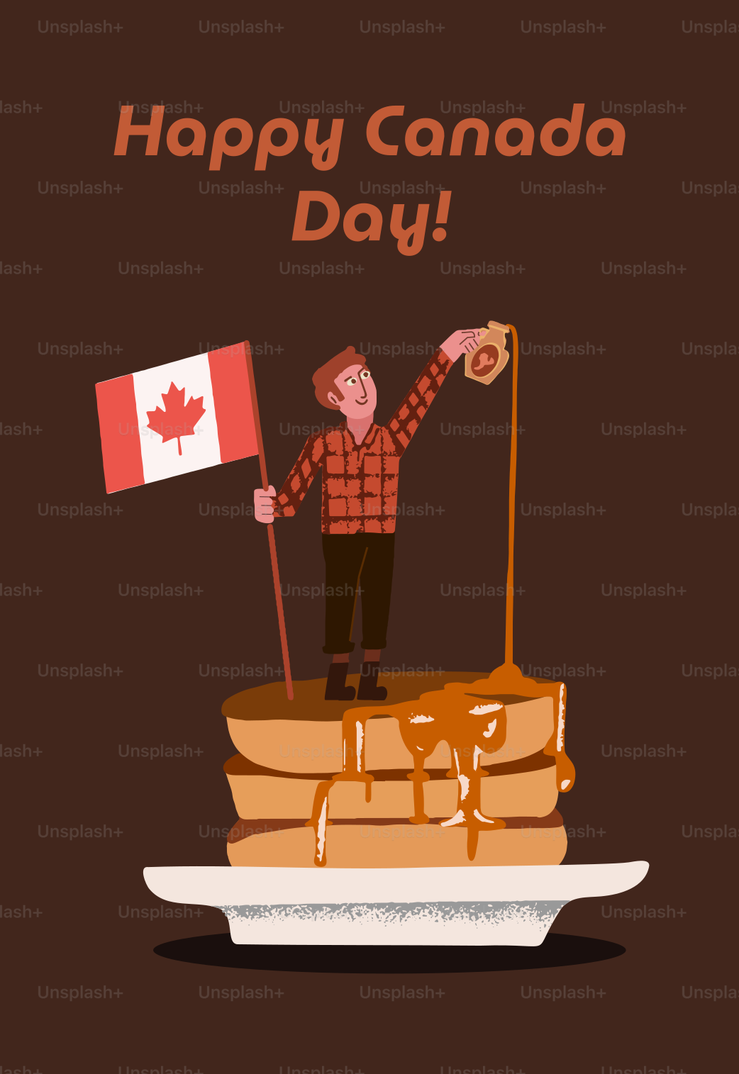 Hombre de dibujos animados con la bandera canadiense vertiendo sirope sobre tortitas.