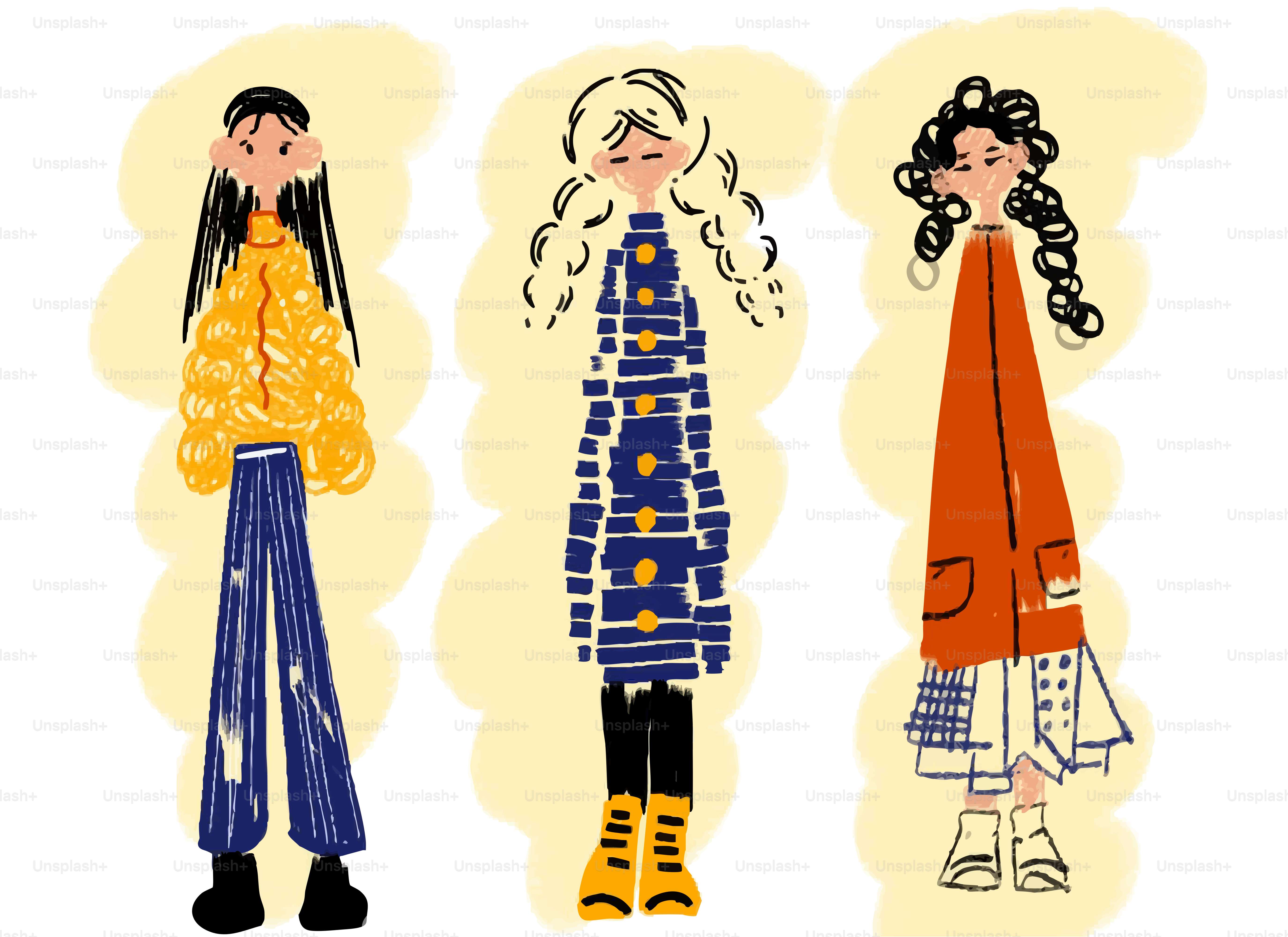 Donne illustrate con acconciature uniche e abiti vivaci.