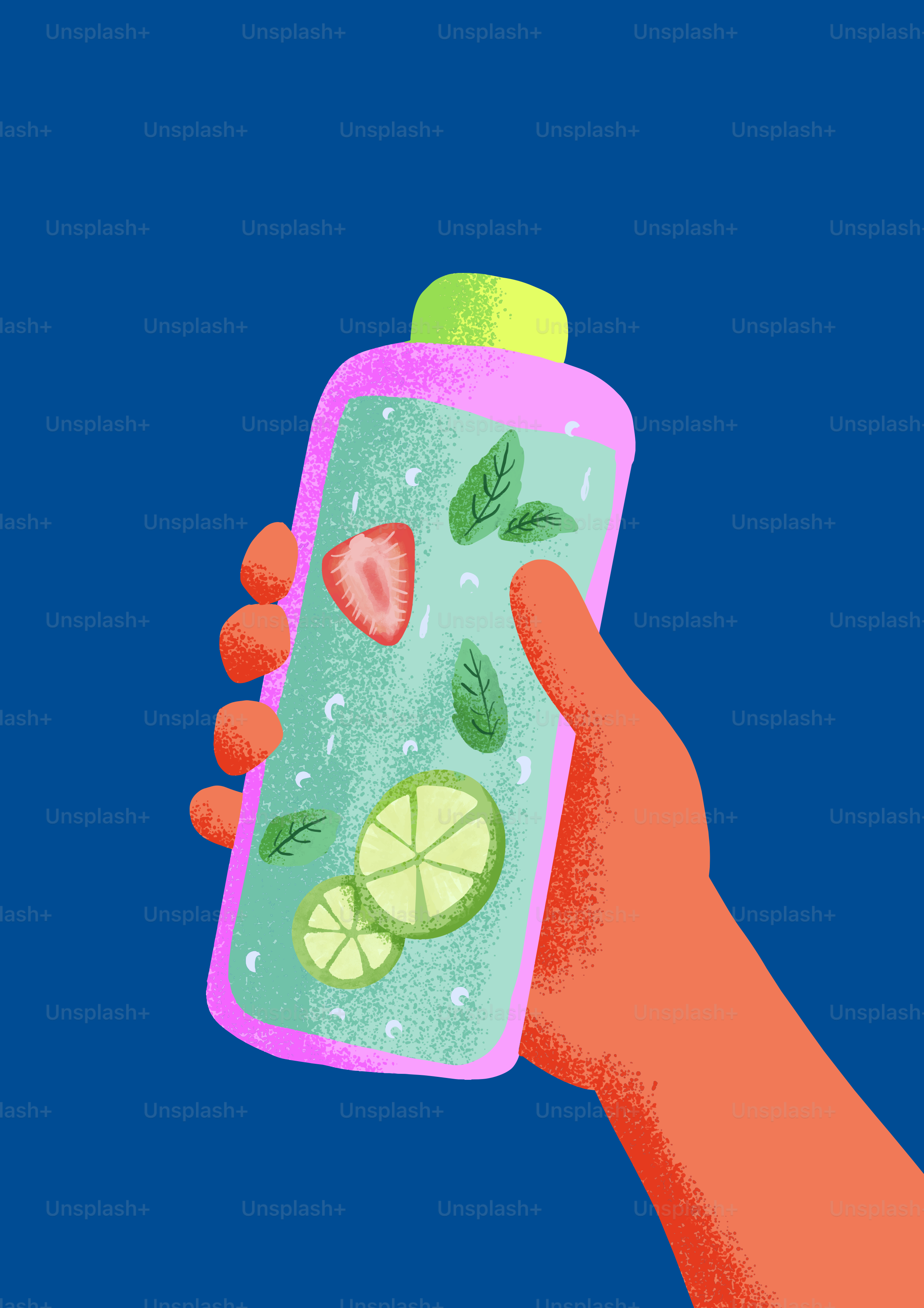 Hand hält eine Flasche mit Erdbeere-, Minz- und Limettengetränk.