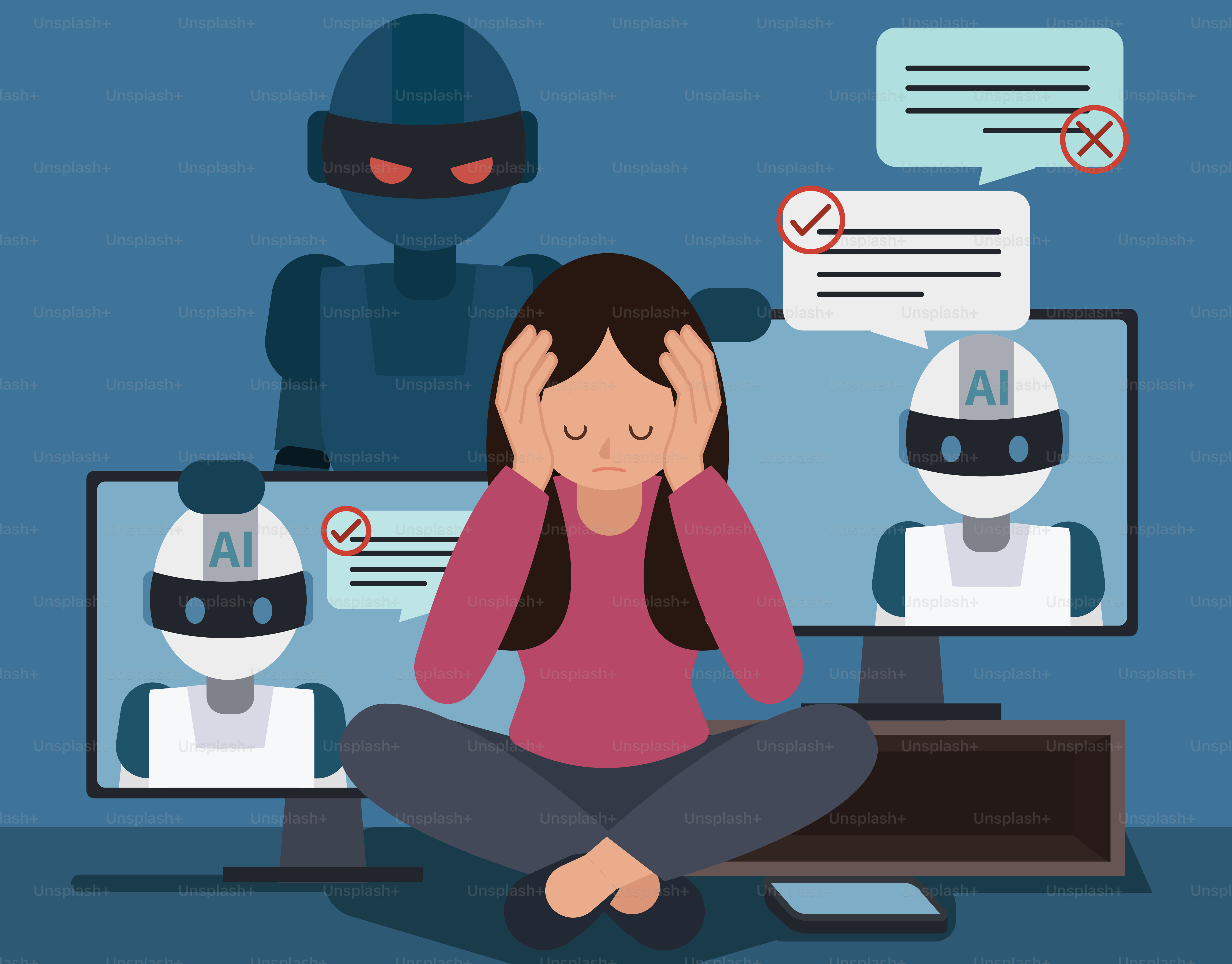 Verzweifelte Frau, umgeben von überwachenden KI-Robotern.