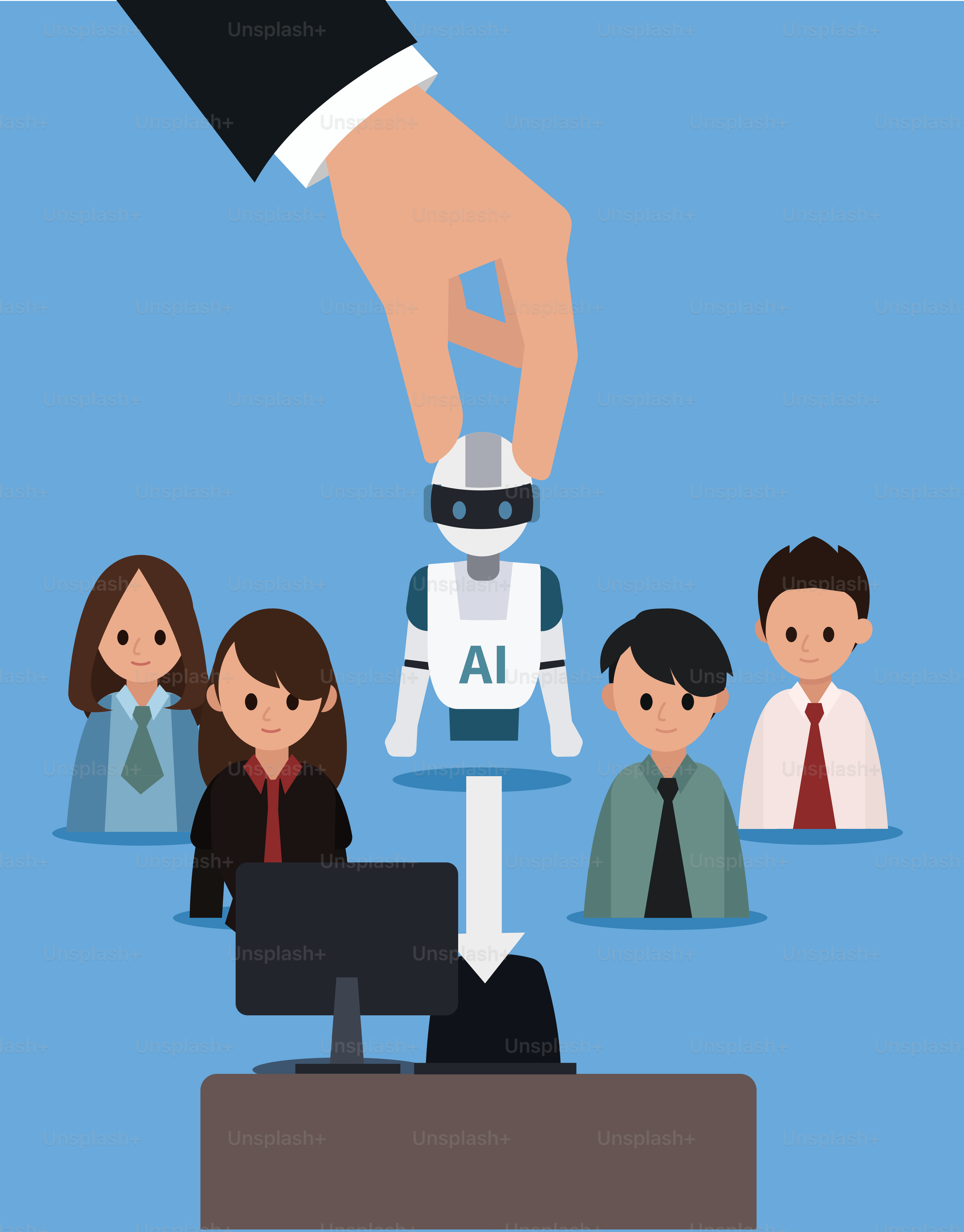 Hand einen KI-Roboter in eine Arbeitsposition setzen.