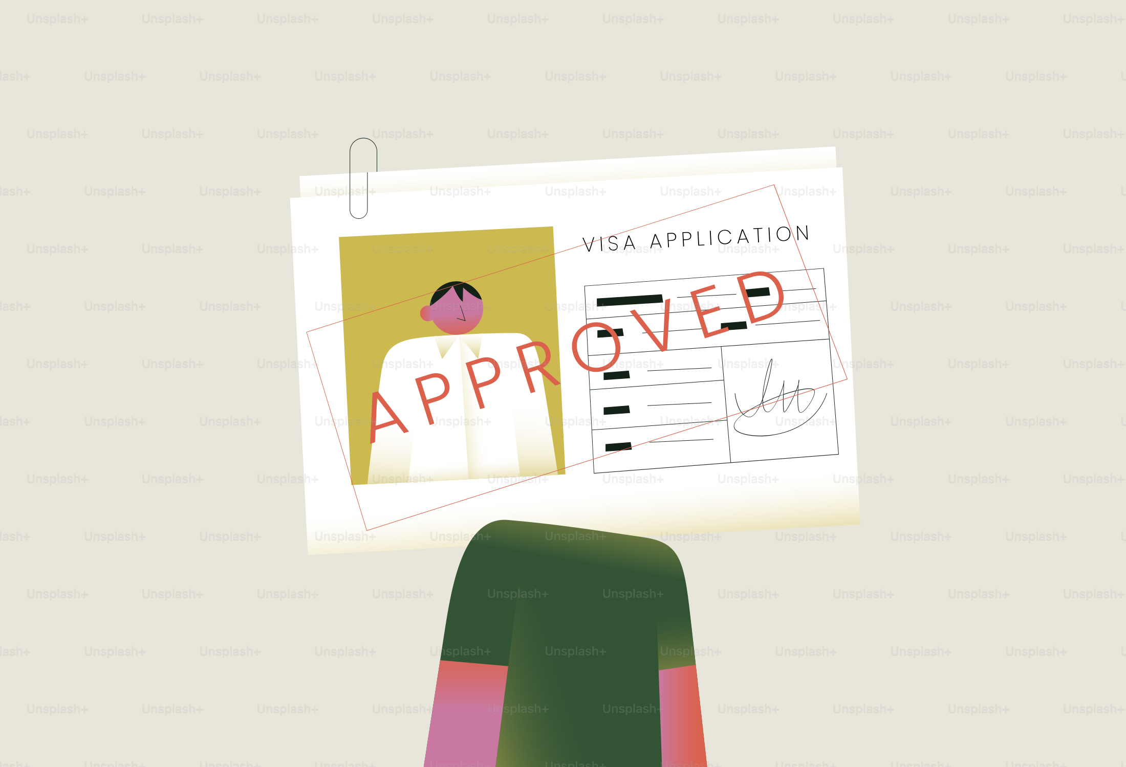 Visa application document with an 'approved' stamp.