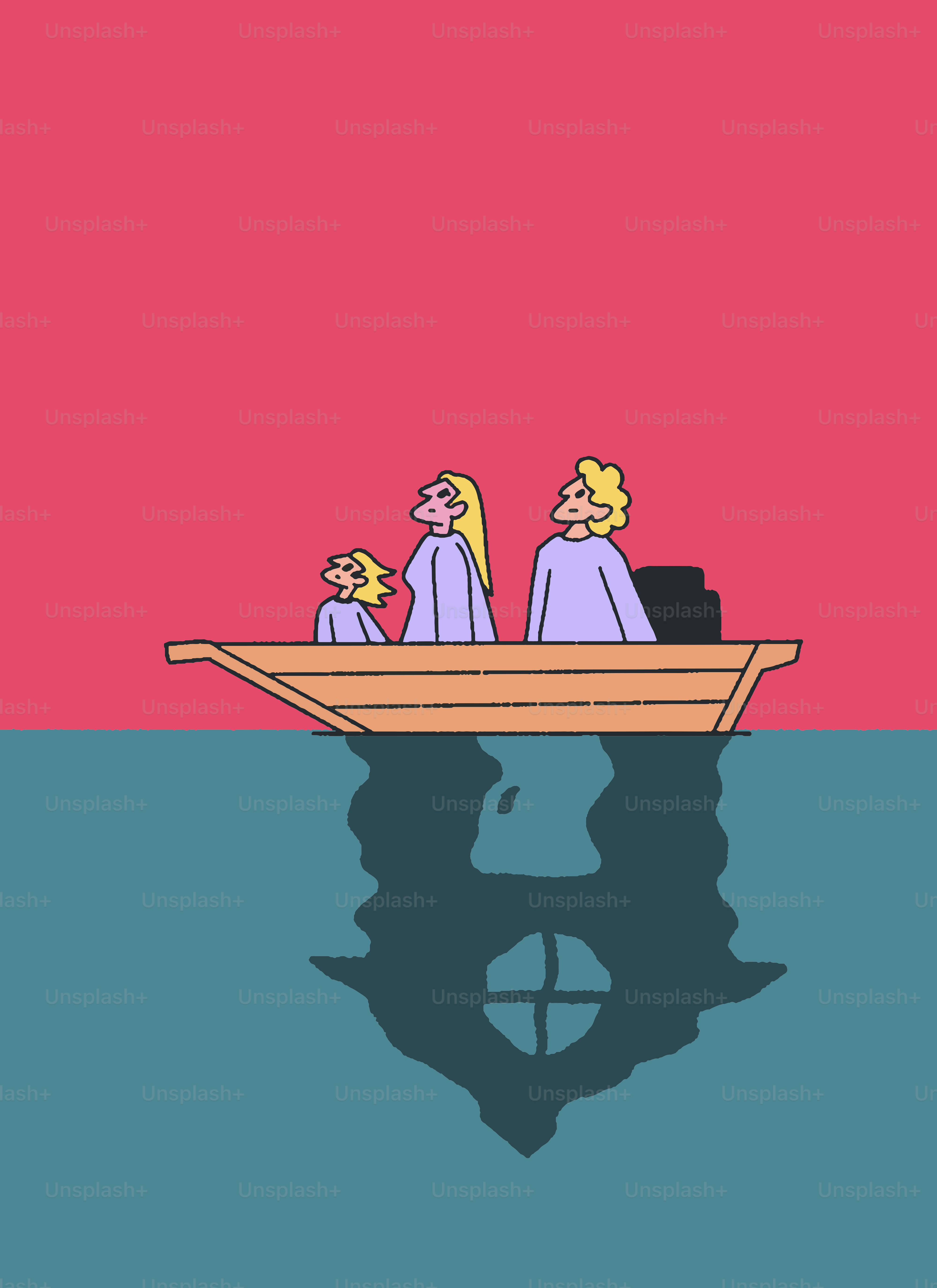 Orang-orang di dalam perahu, pantulan rumah di air.
