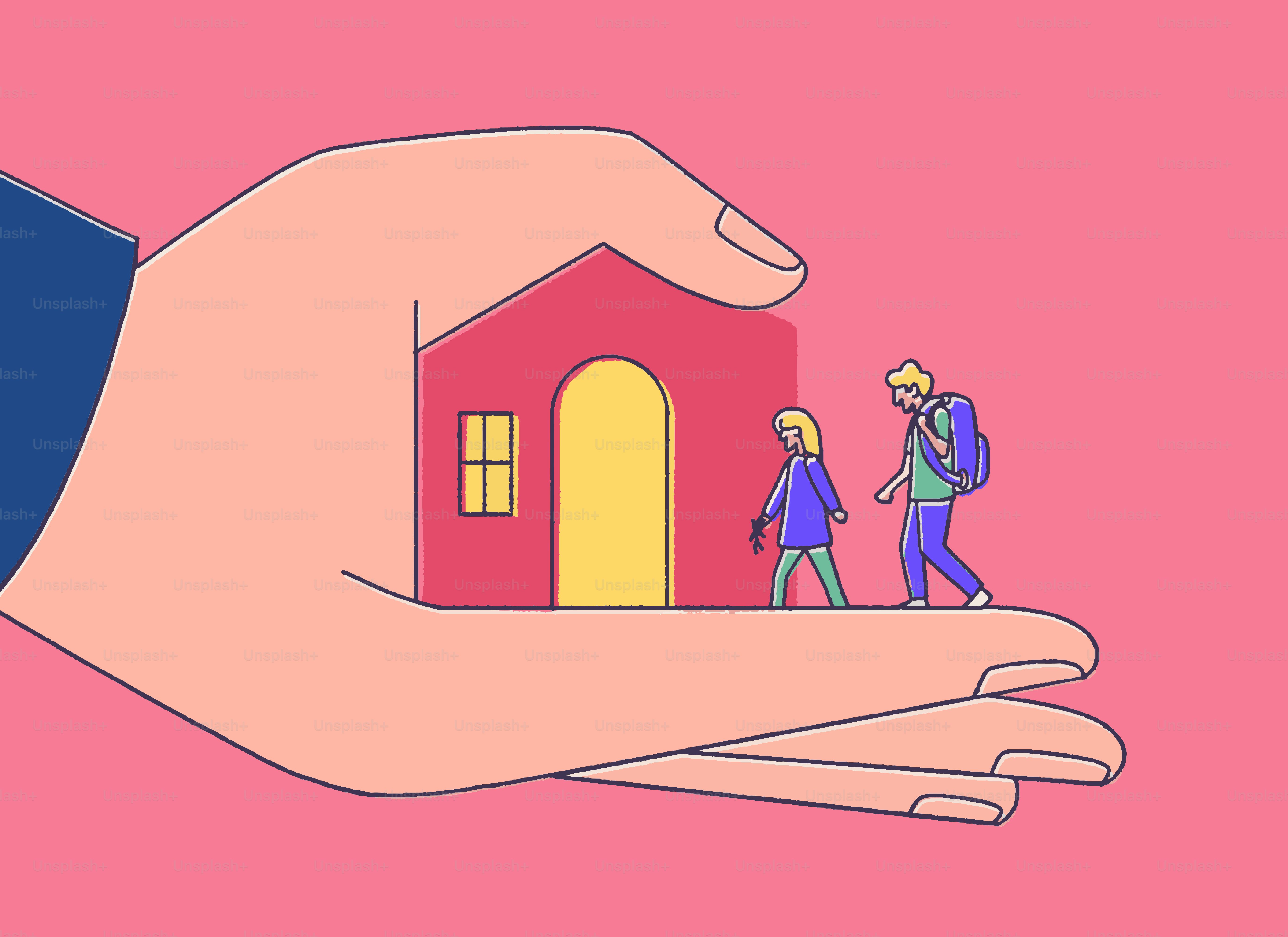Tangan memegang rumah sementara dua orang berjalan pergi.