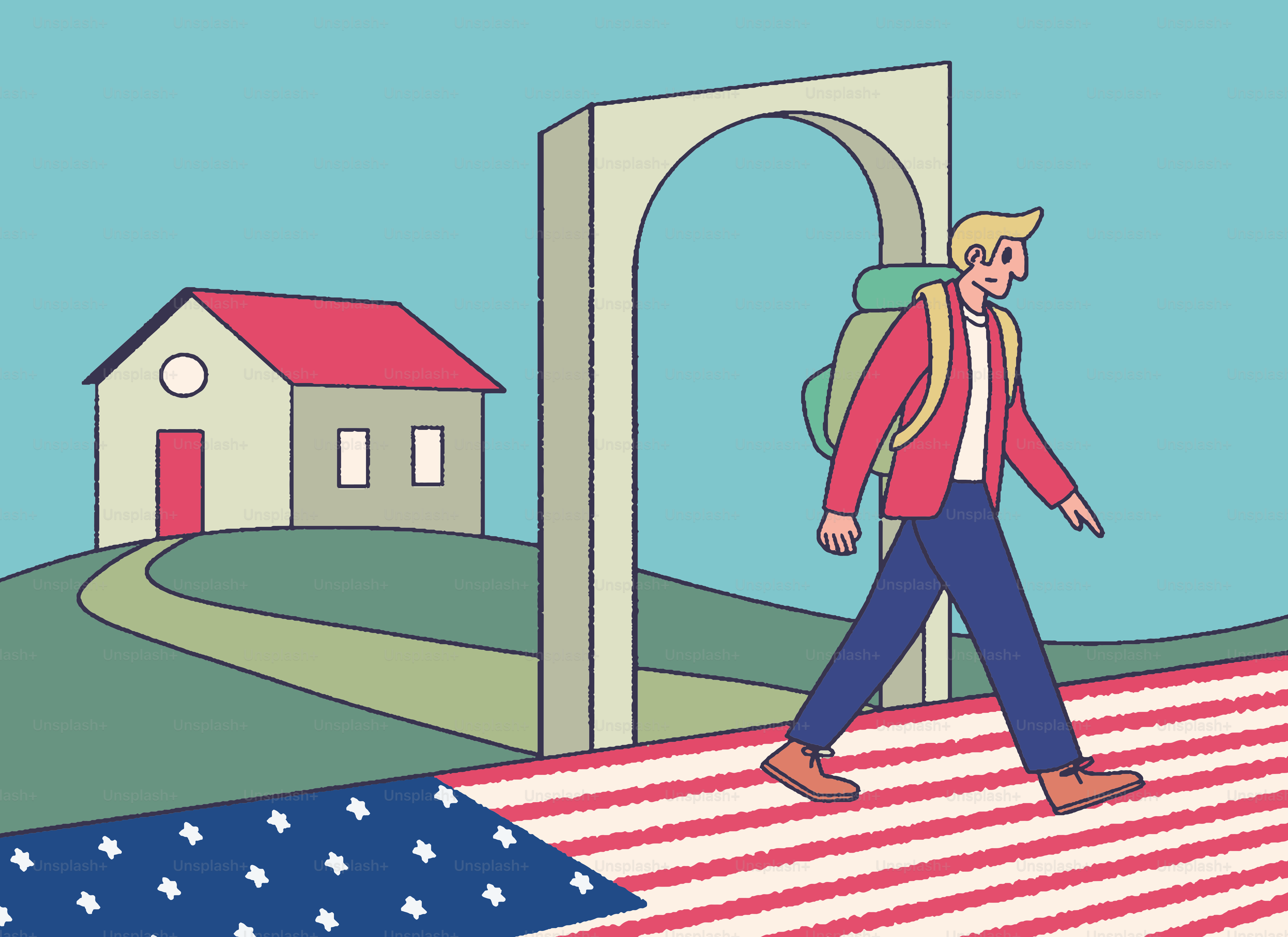 Un backpacker cammina lungo il sentiero della bandiera americana verso una casa.
