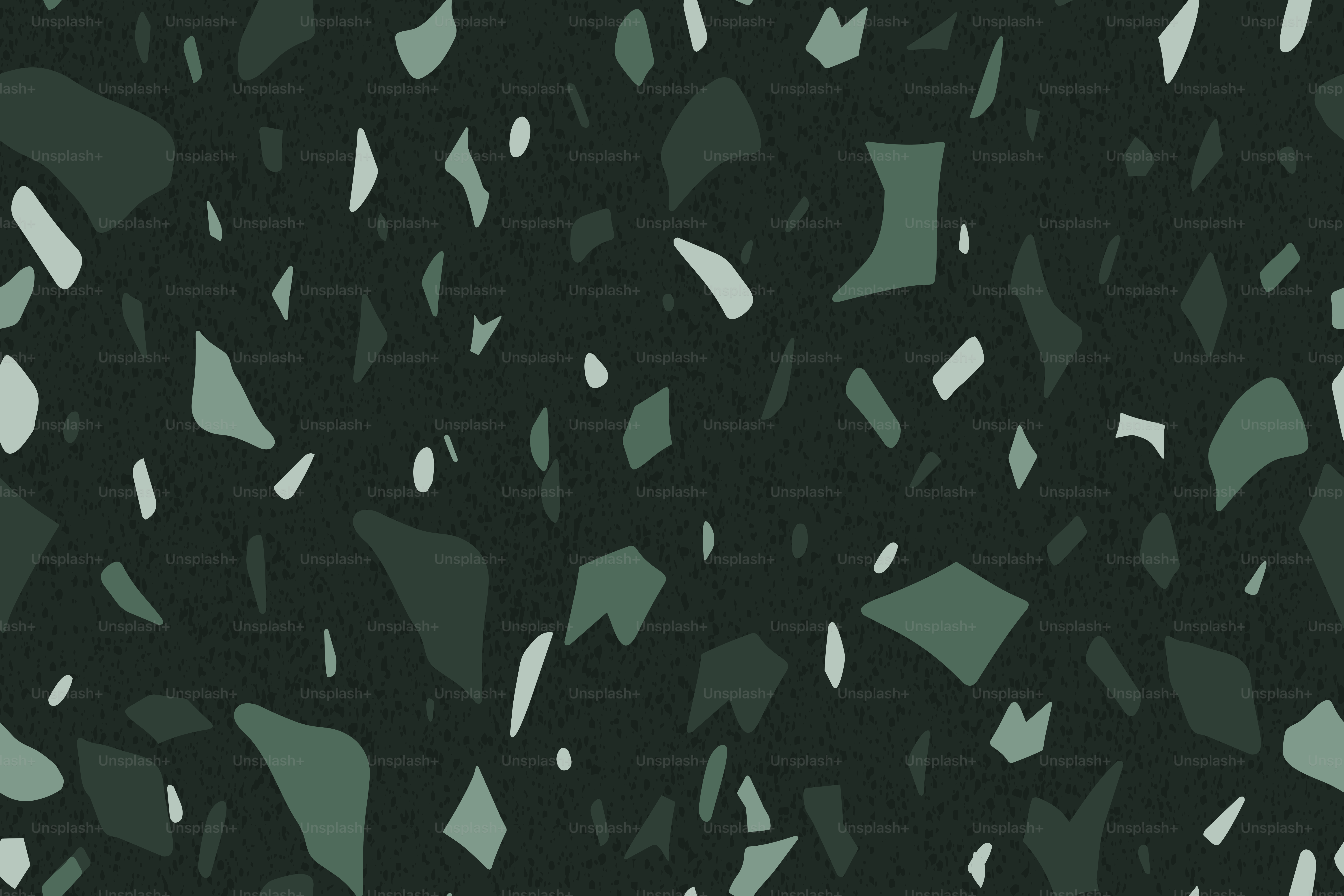 Fundo verde escuro com formas dispersas em verde claro e branco.