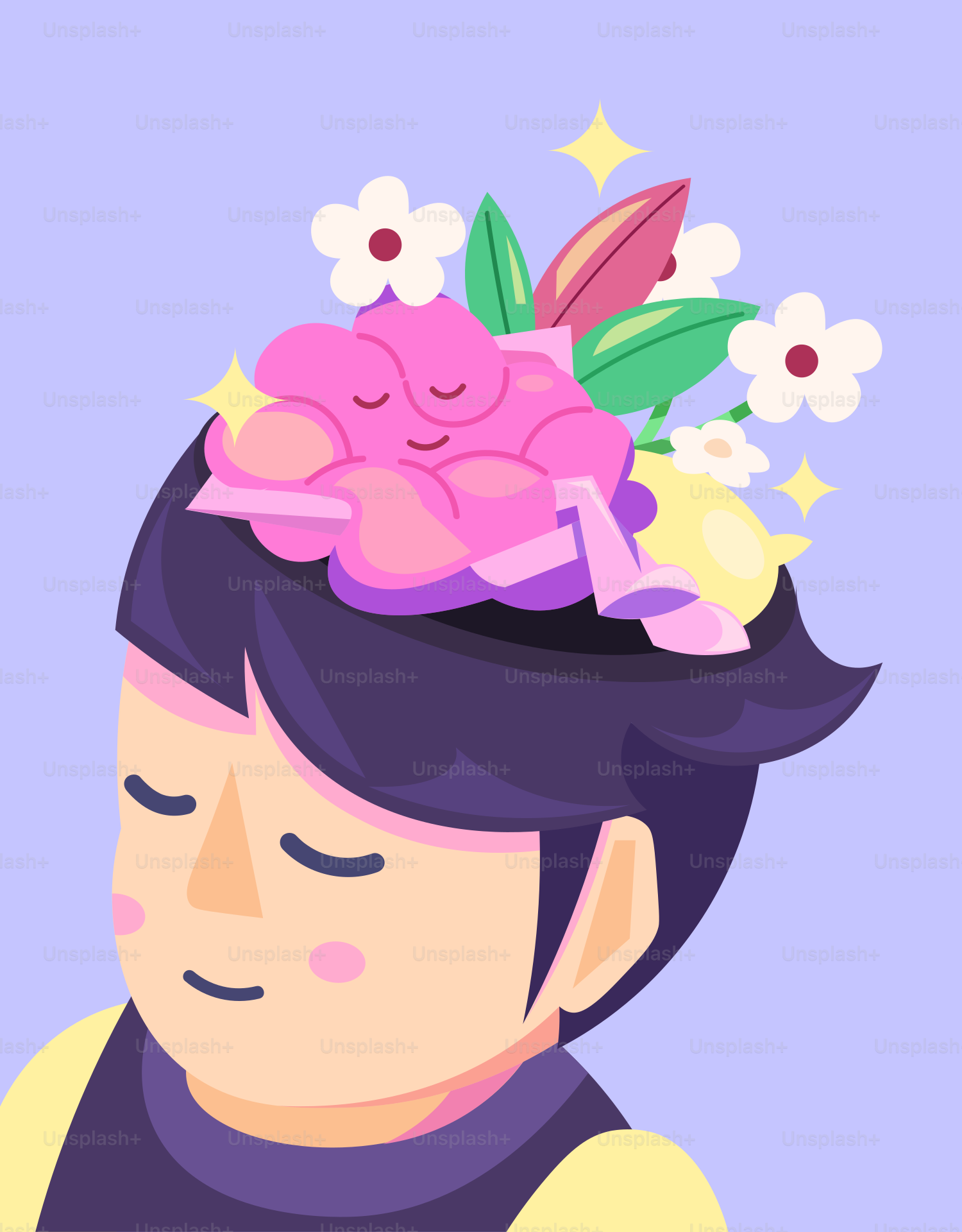 Un cervello pacifico che dorme con fiori nella testa di una persona.