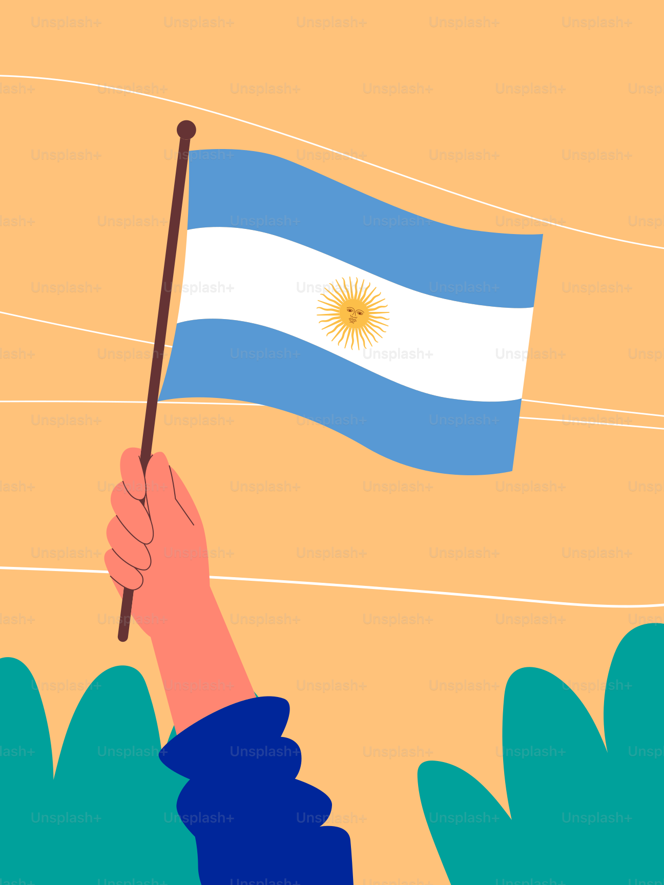 Una mano tiene la bandiera argentina su uno sfondo arancione.