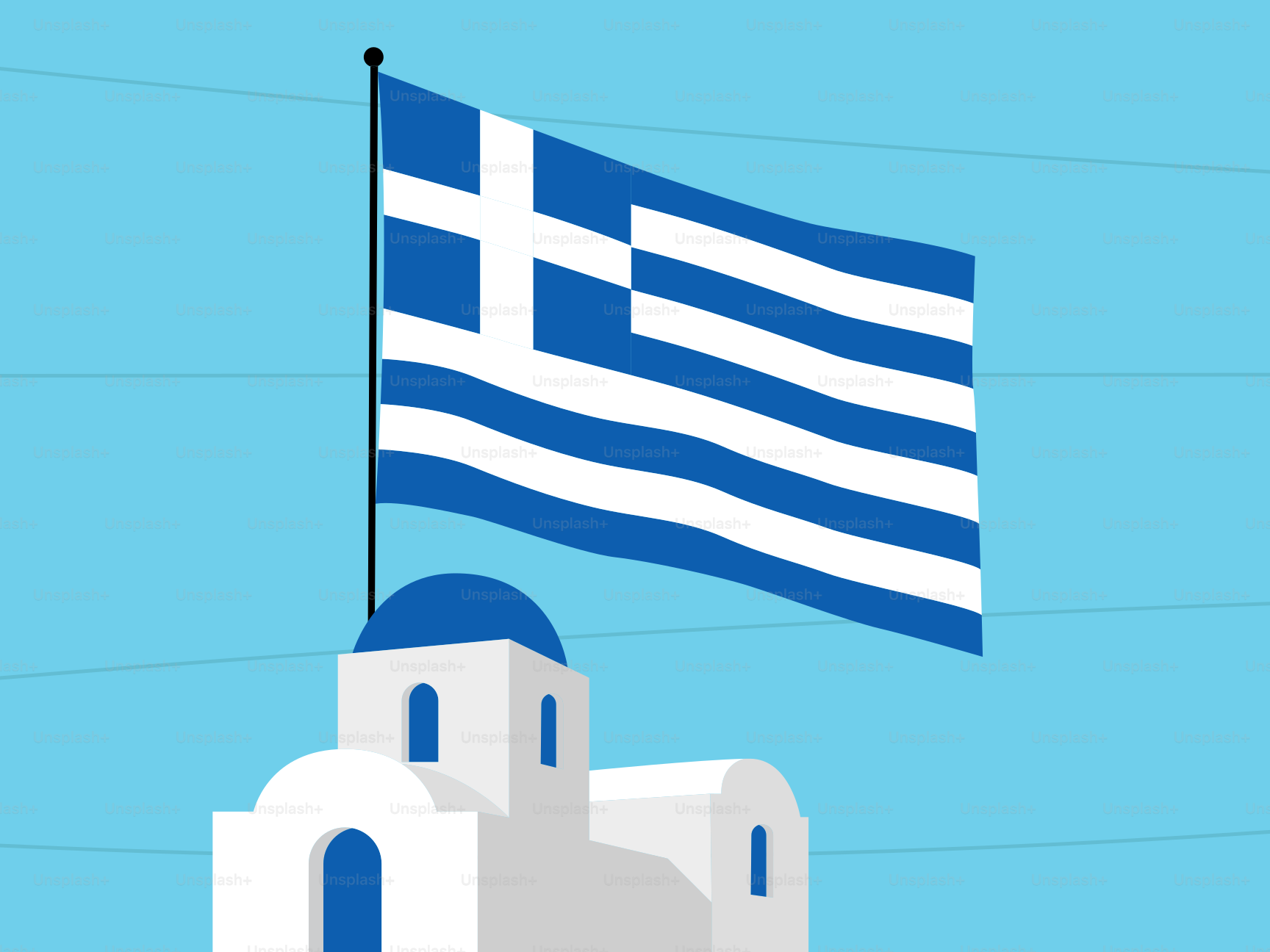 Greek flag flying above a traditional white building.