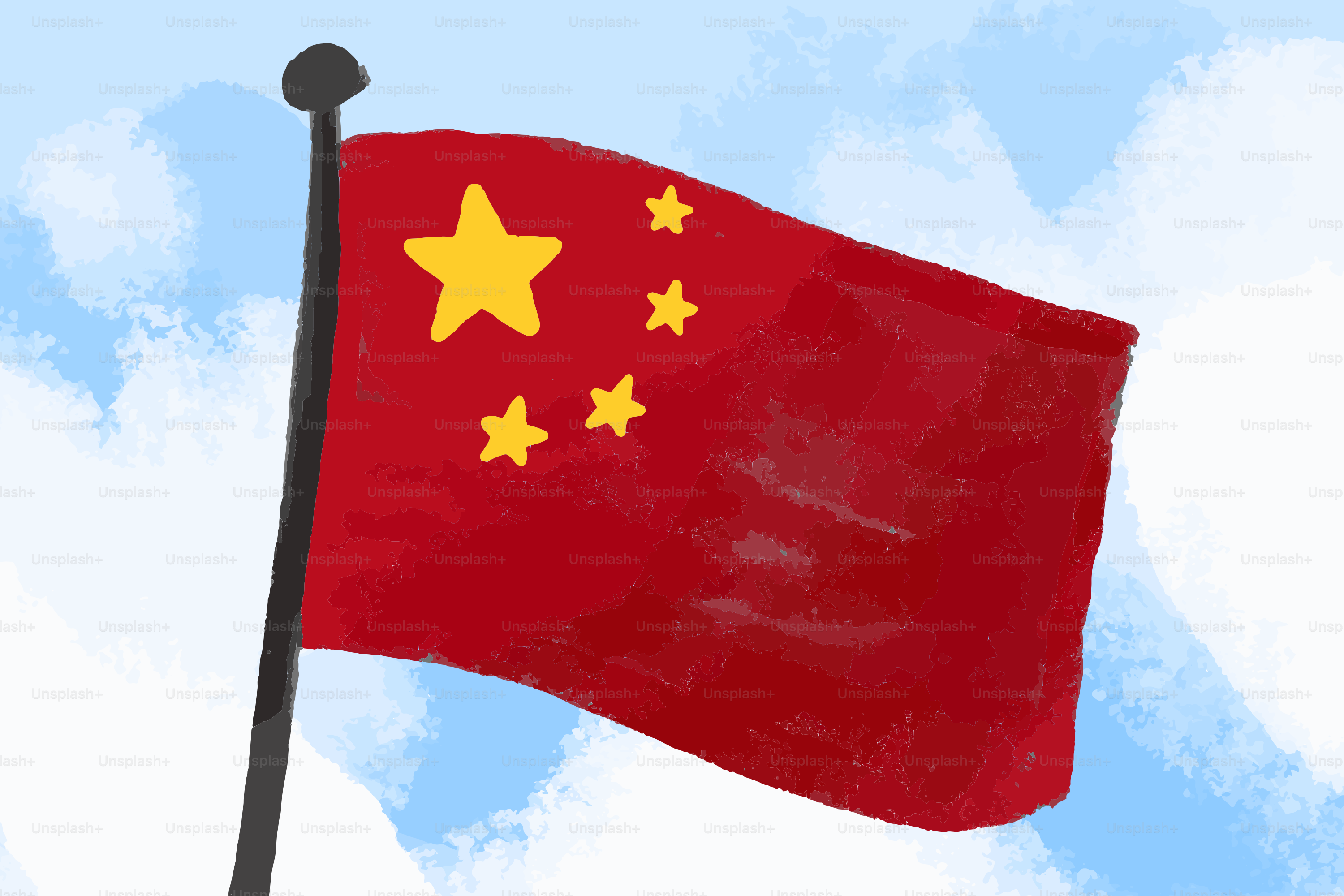 La bandiera nazionale della Cina che sventola contro un cielo azzurro.