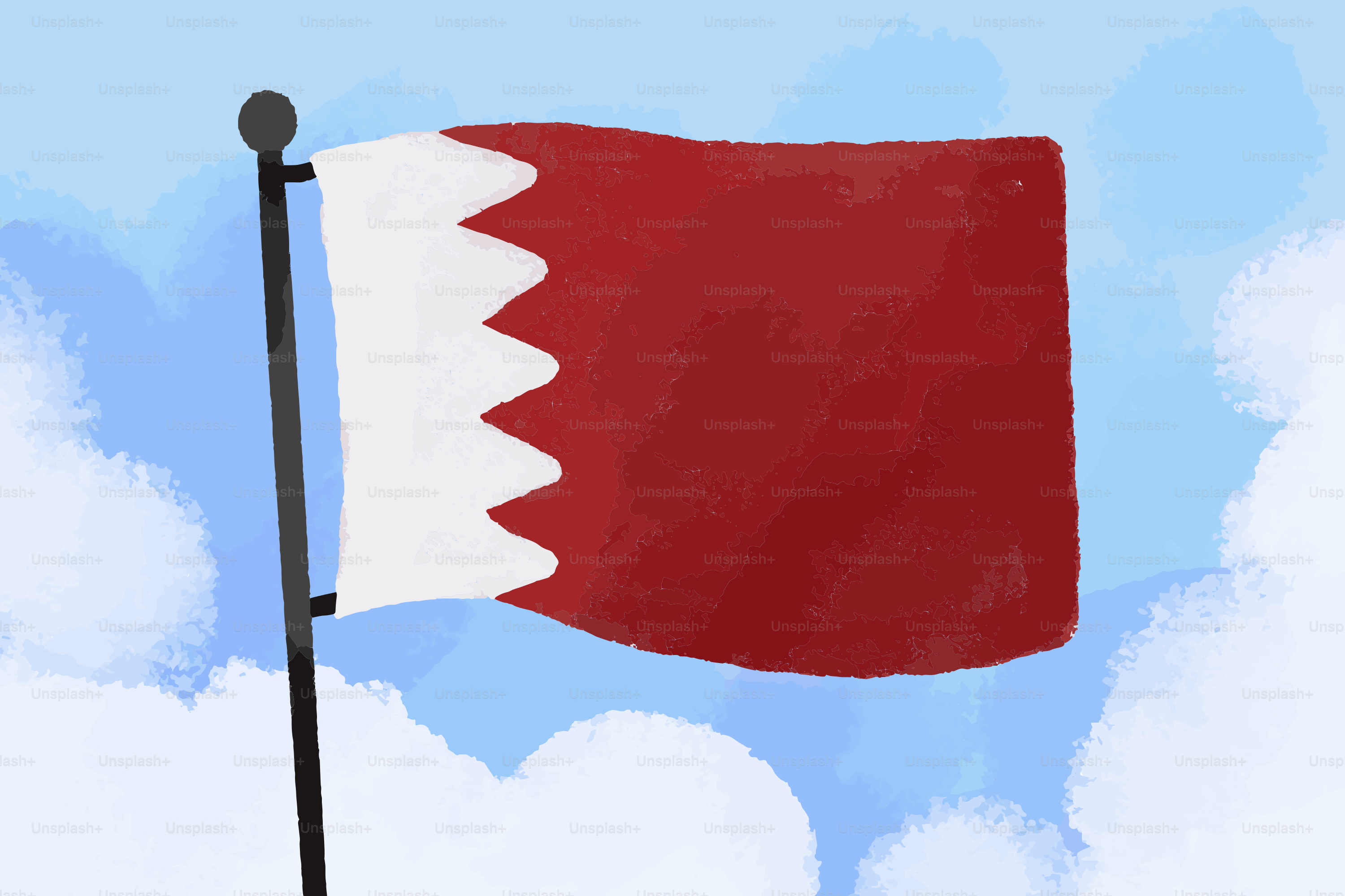 La bandiera del Bahrain che sventola contro un cielo azzurro nuvoloso.