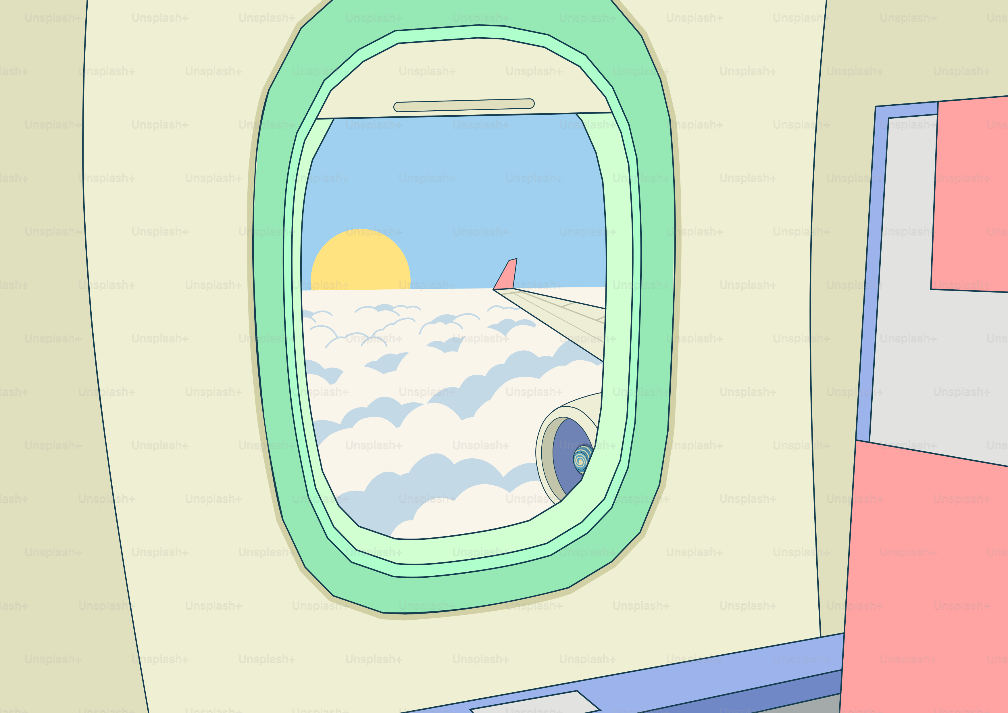 Vista del finestrino di un aereo cartone animato con sole, nuvole e ali.