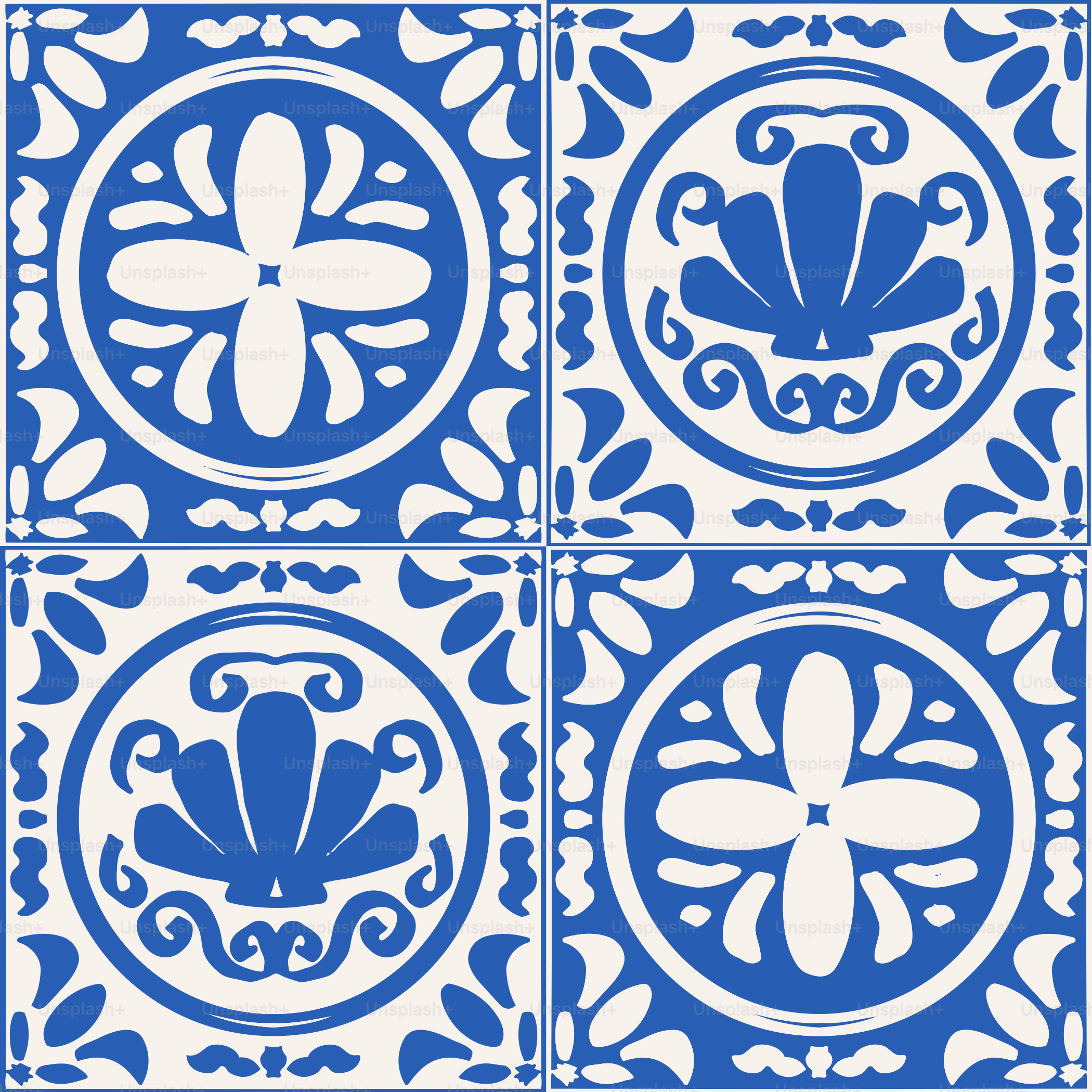 Blue and white patterned tiles with floral and shell designs.