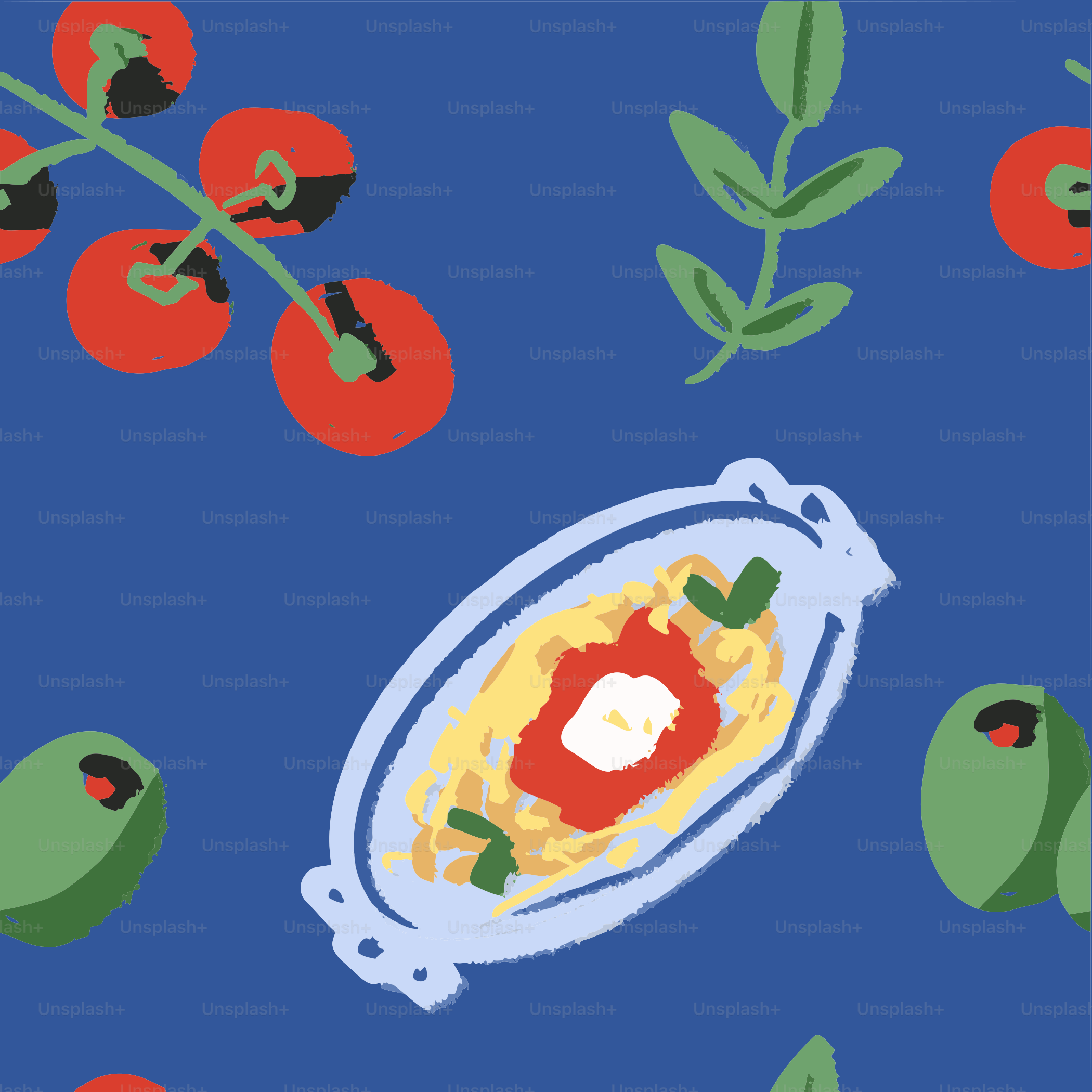 Illustrated pasta, tomatoes, and olives on a blue background.