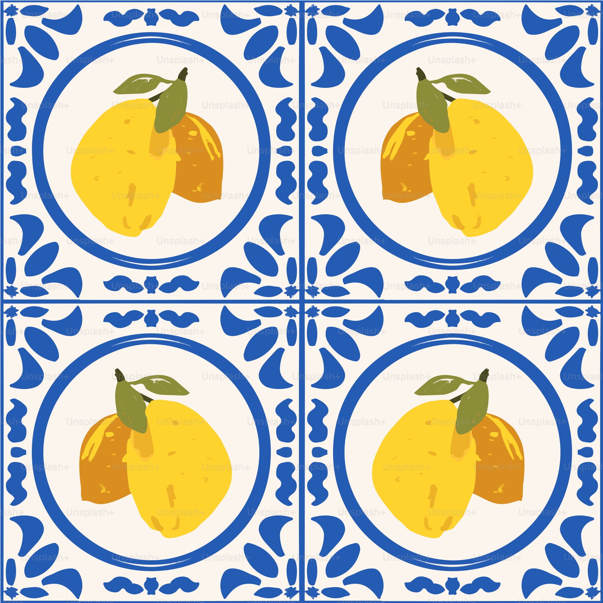 Four decorative tiles featuring lemons and oranges.