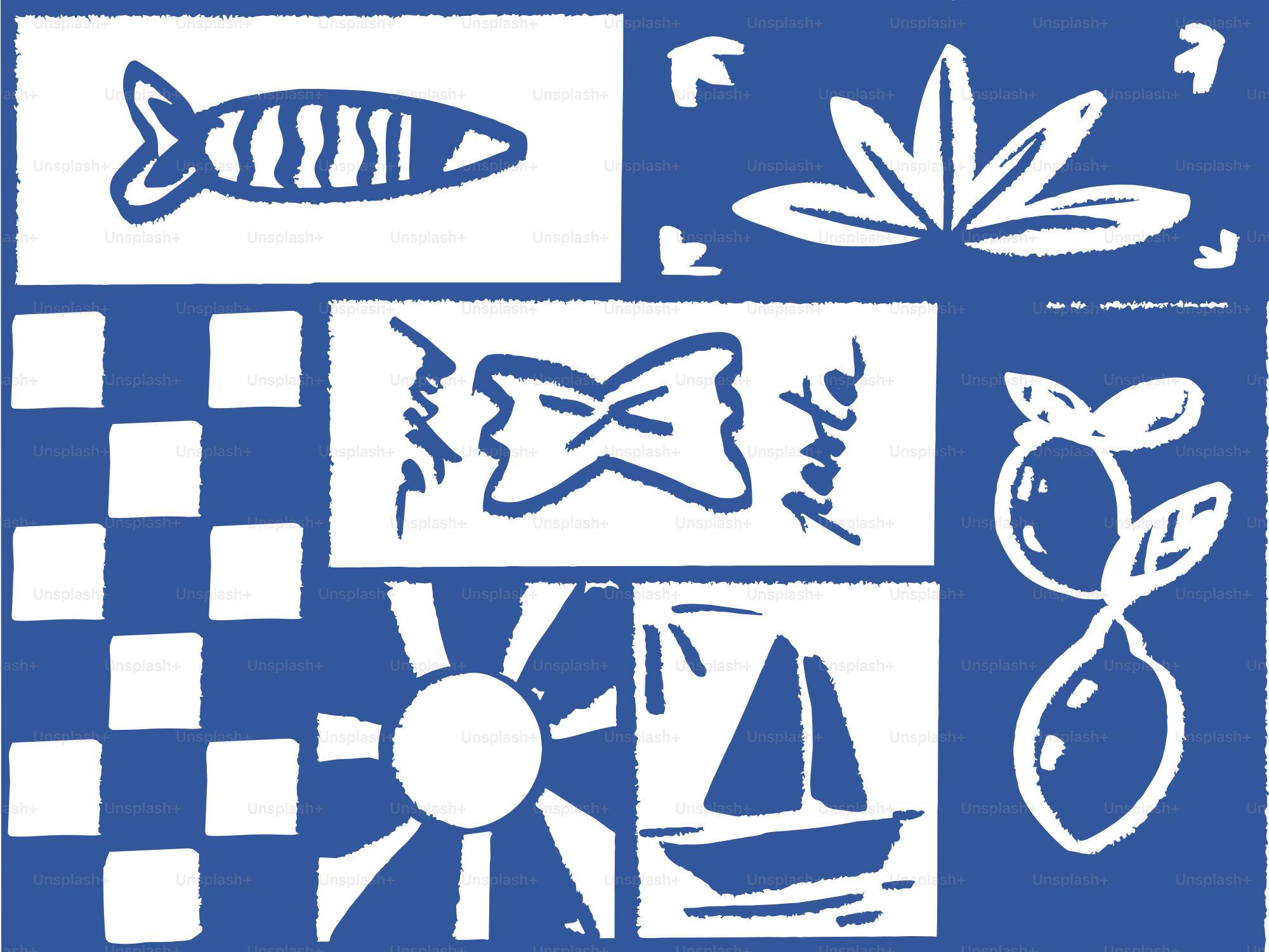 Blue background with white stencils: fish, pasta, lemons, sun.