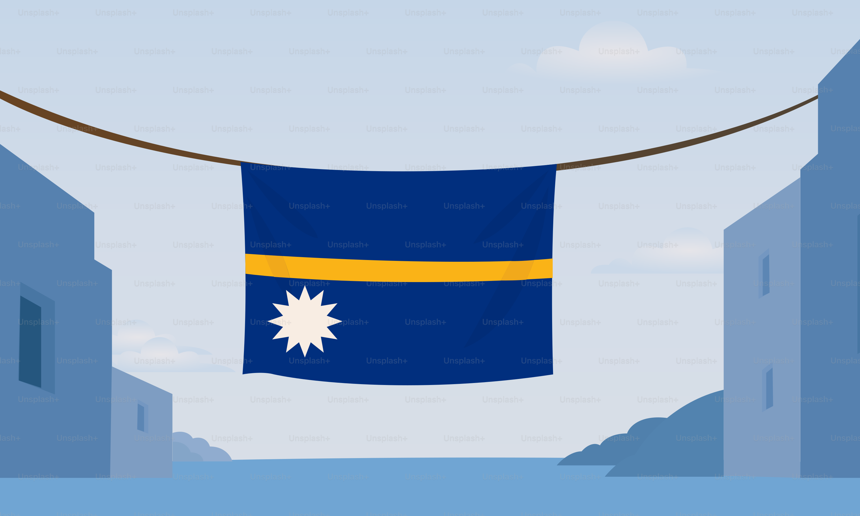 La bandiera di Nauru è appesa a una linea tra gli edifici.