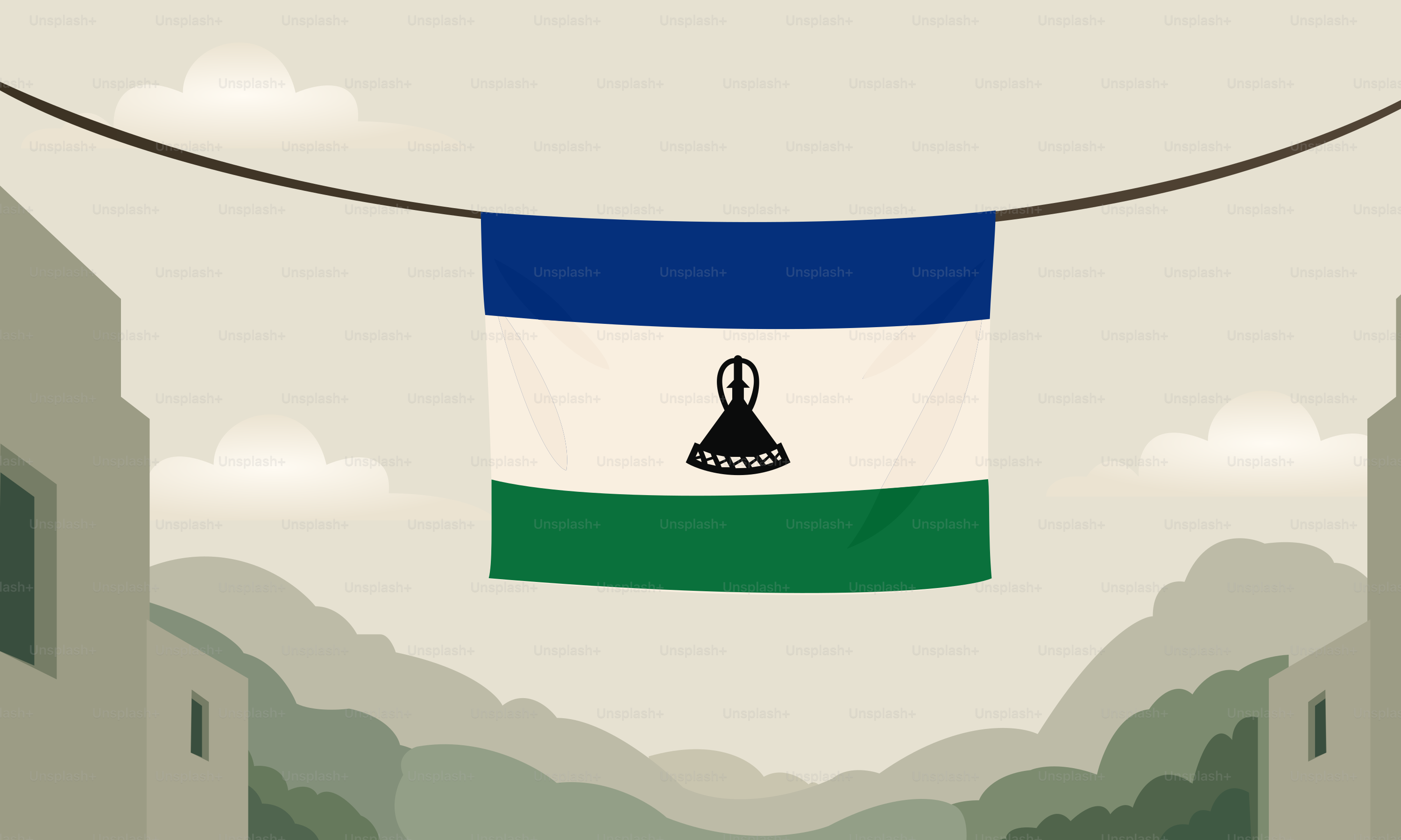 La bandiera del lesotho è appesa a un filo tra gli edifici.